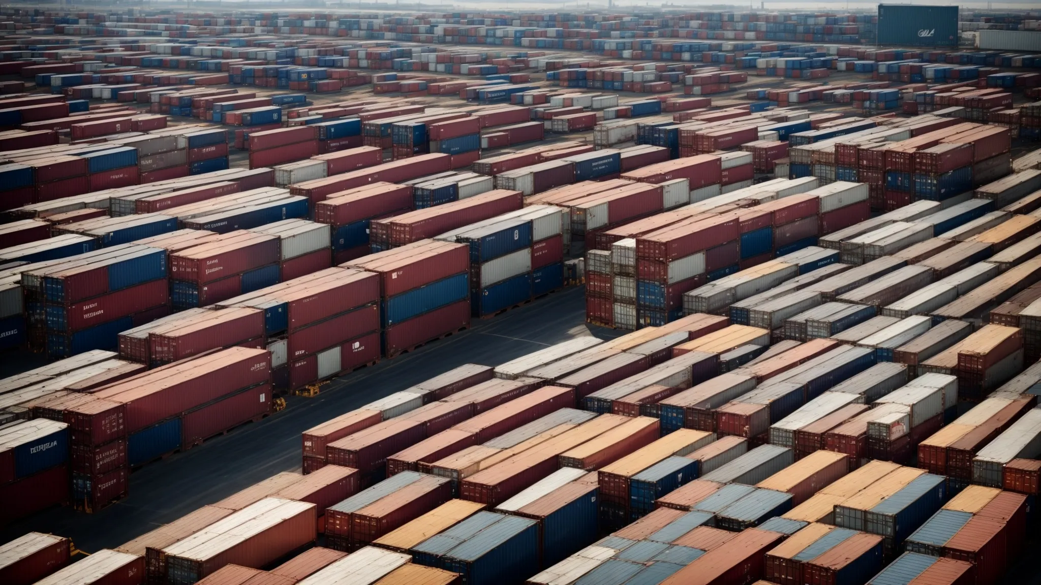 a vast selection of different sized used shipping containers arranged in a storage yard under a clear sky.