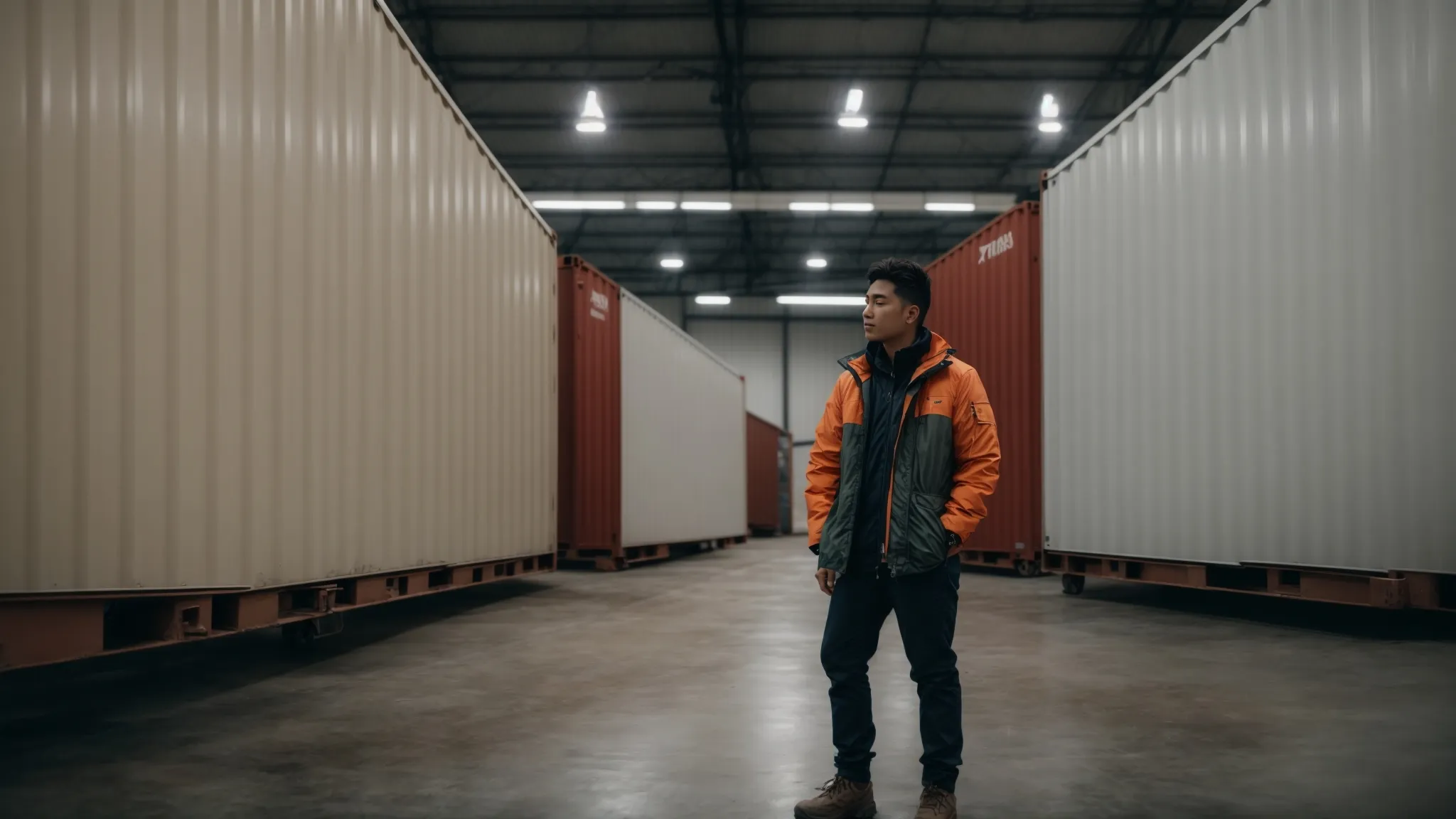 a person comparing different insulated shipping containers in a large warehouse.