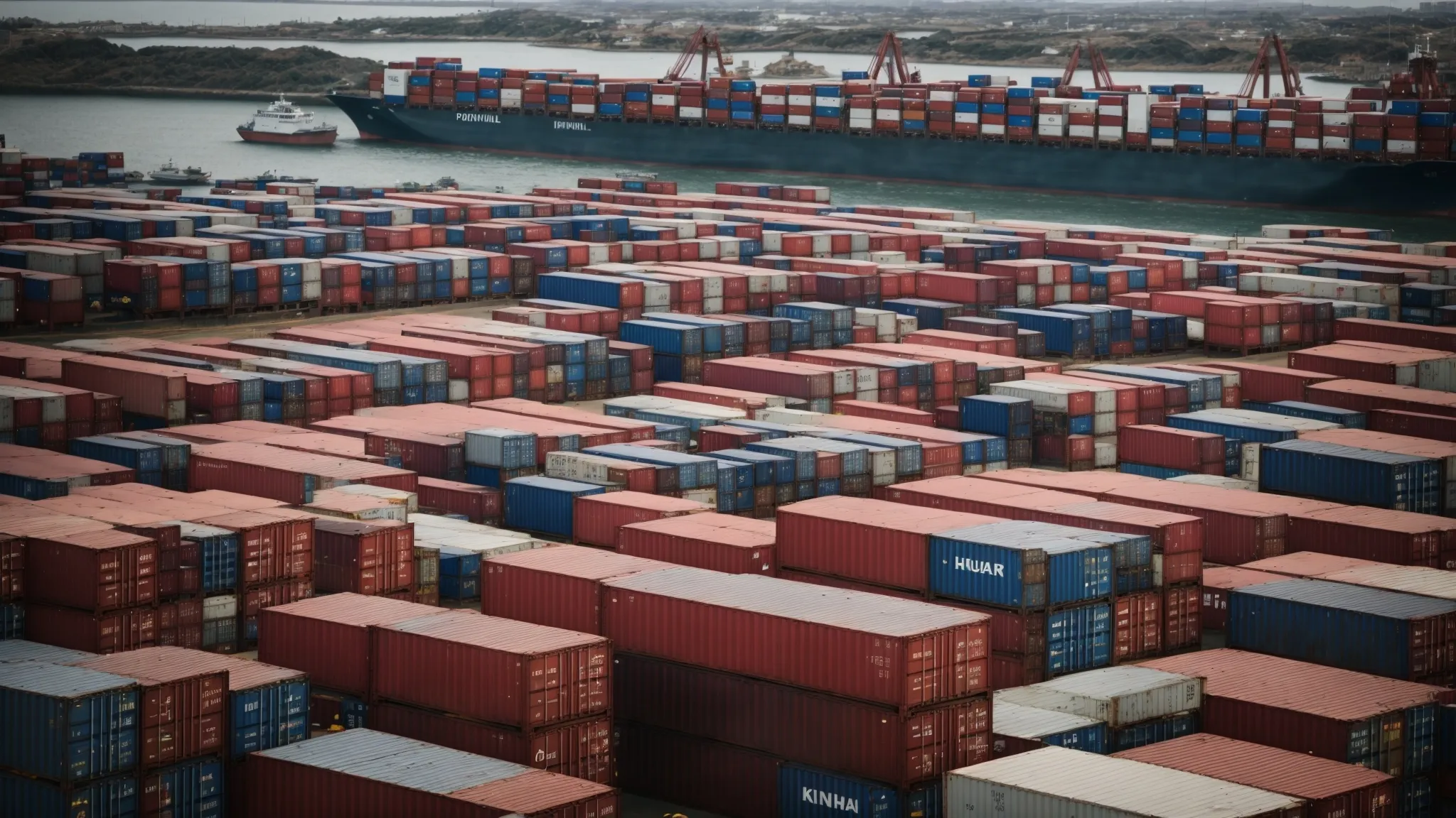 a vast port with a cluster of shipping containers next to small local markets displaying their wares.
