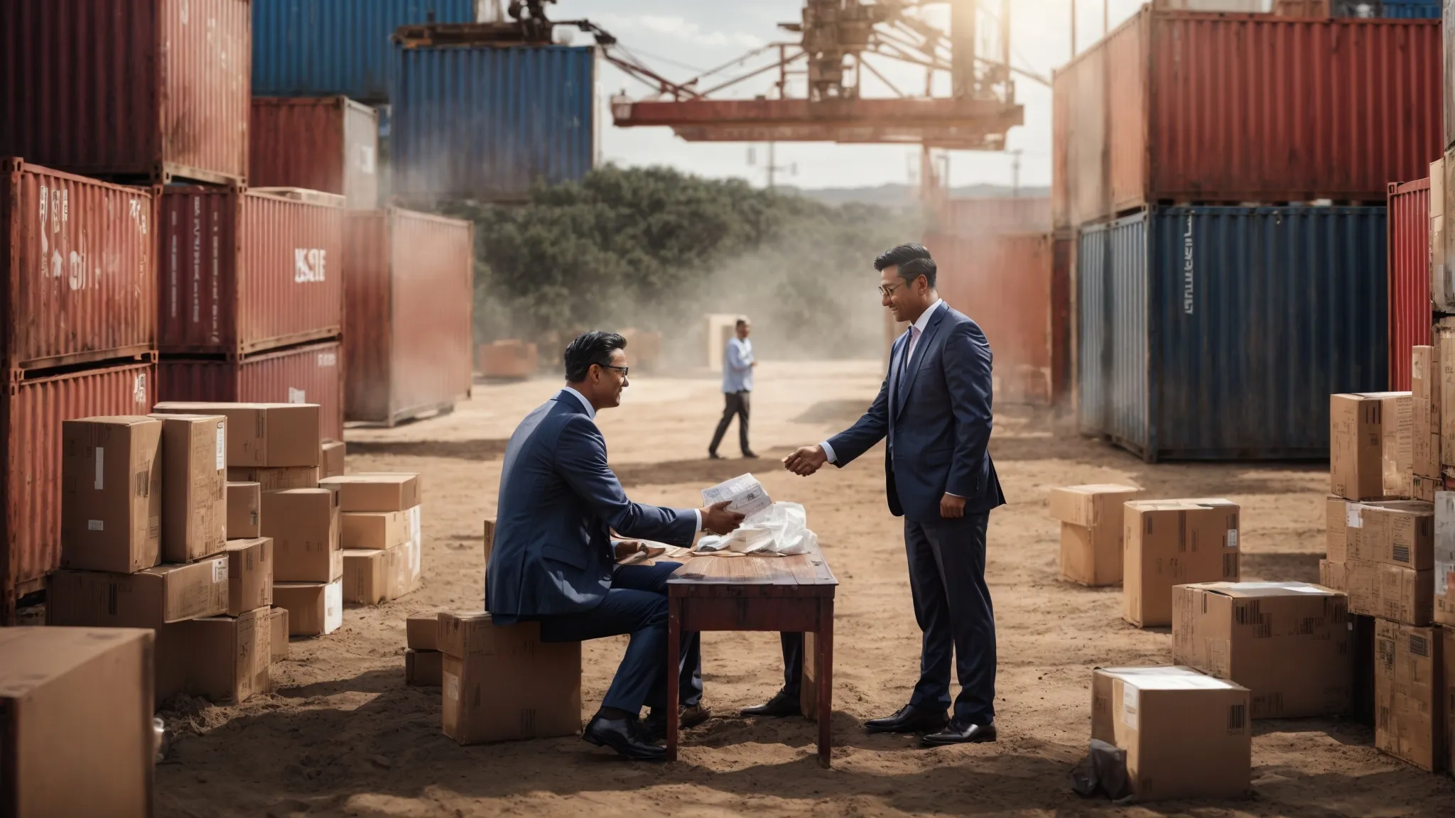 a businessman shakes hands across a table strewn with shipping container models and financial charts, sealing a comprehensive cost negotiation deal.