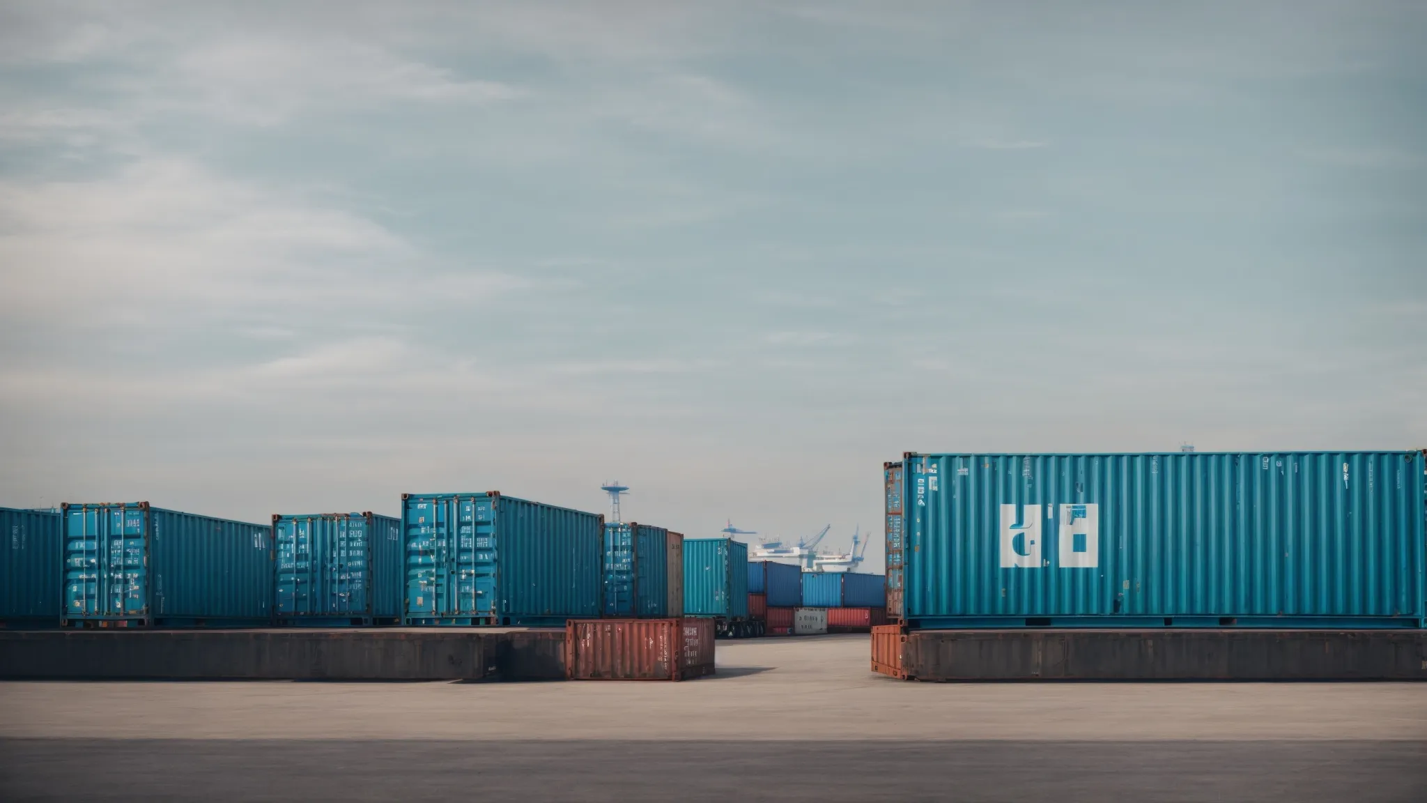 a row of large-sized, refrigerated shipping containers sits neatly at a bustling commercial port under a clear sky.