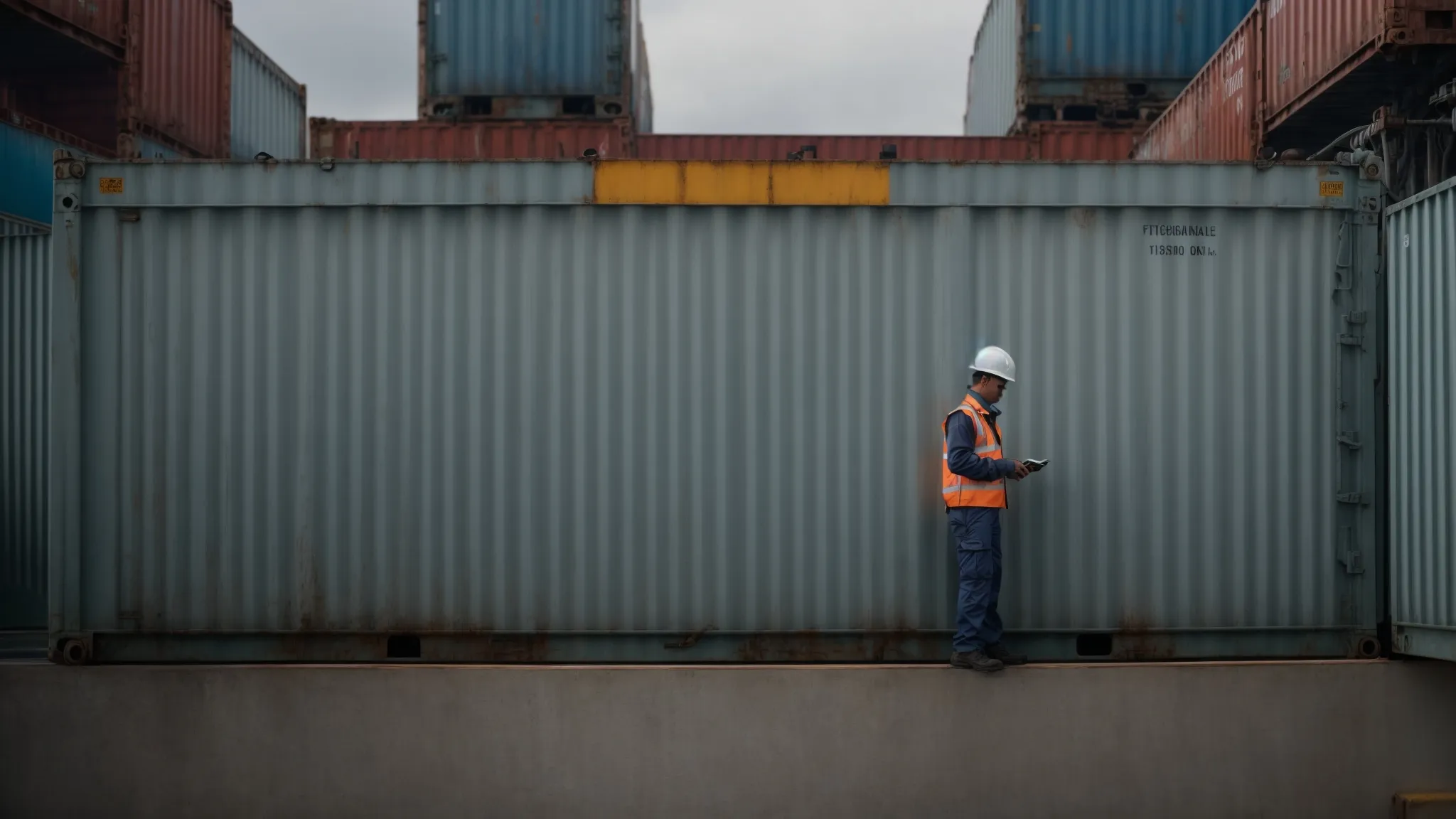 a technician inspects a large refrigerated container unit on a cargo ship's deck.