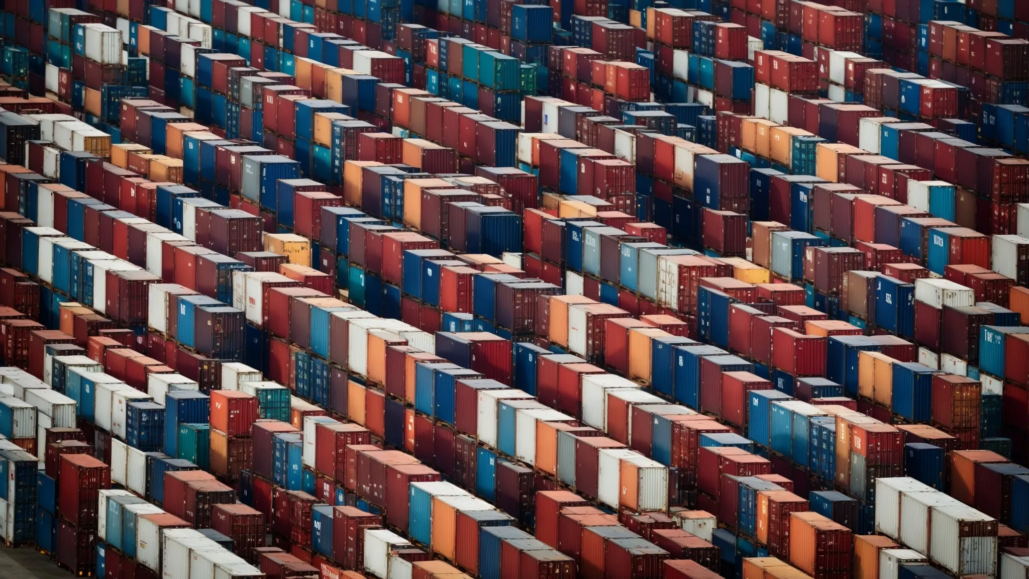 rows of different-sized shipping containers are neatly arranged in a cargo terminal, awaiting deployment.