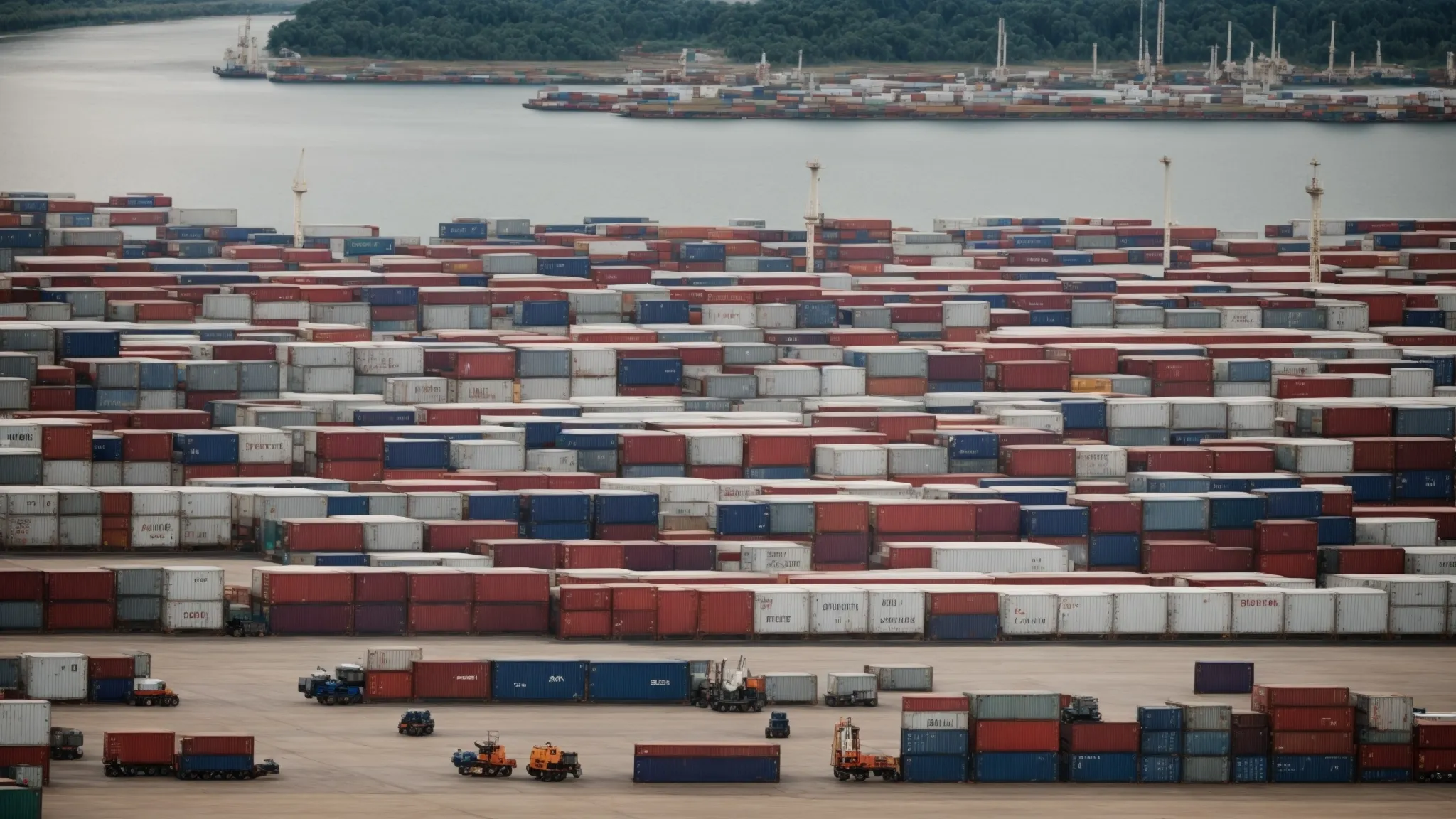 a vast shipping yard with rows of steel containers in neutral colors amid the bustle of transport vehicles.