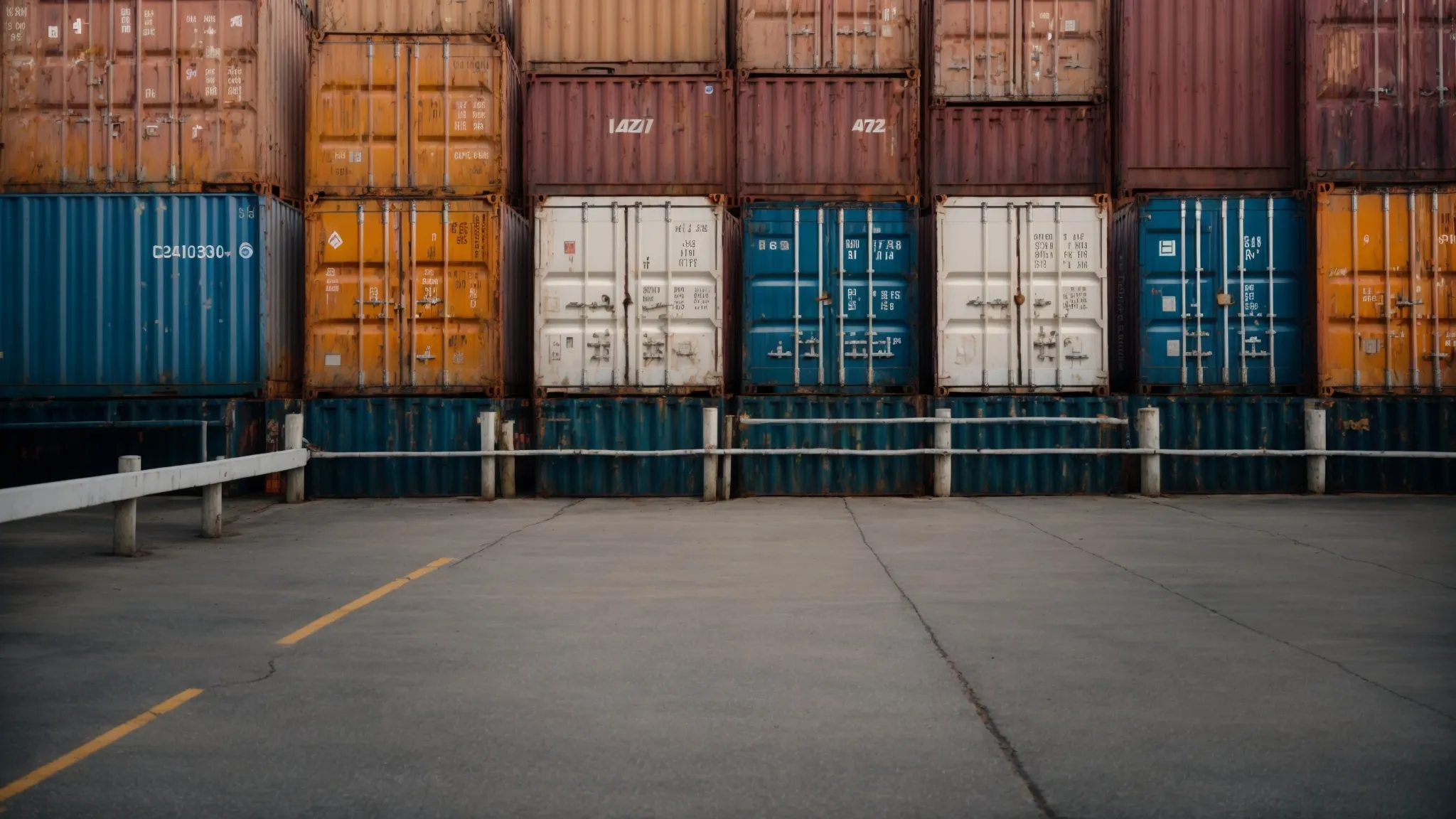 a row of variously colored shipping containers is neatly aligned at a commercial dock.