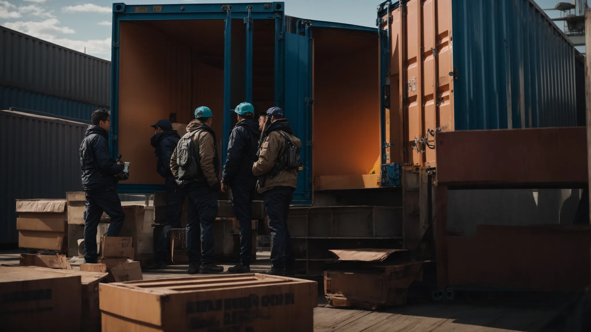 a team closely examines a modified shipping container, scrutinizing the craftsmanship and custom elements.