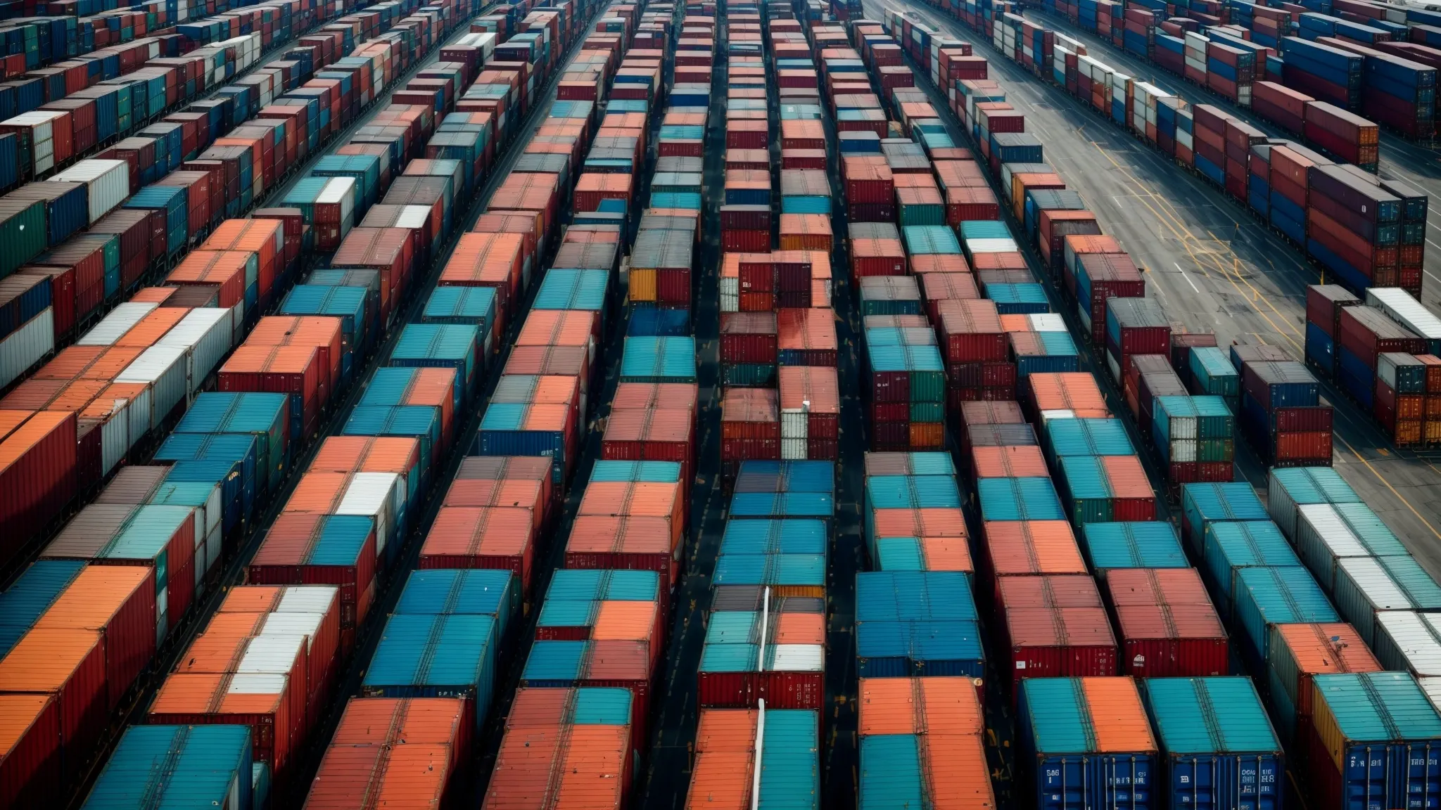 stacks of colorful shipping containers are neatly arranged at a bustling port.