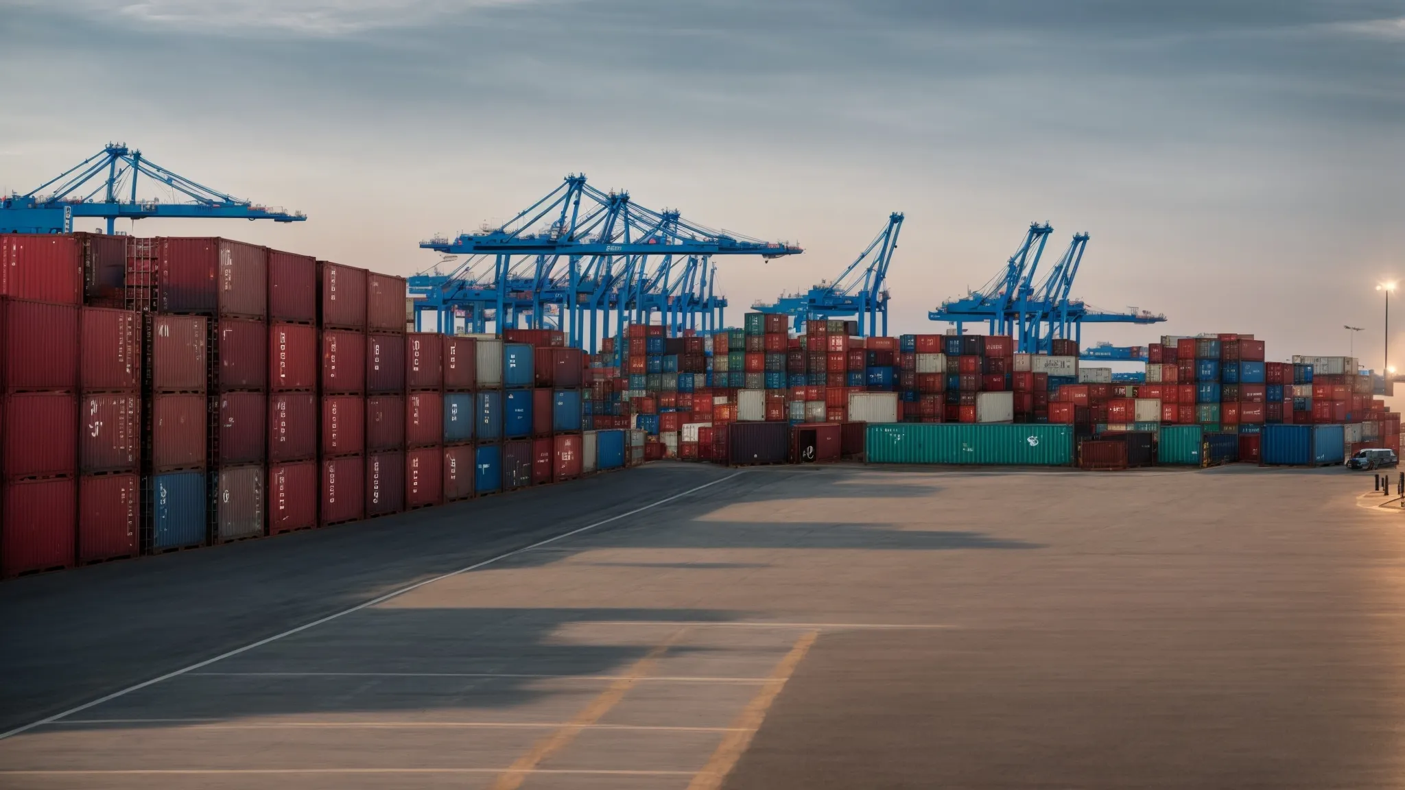 a calm port with rows of stacked shipping containers during a clear sunrise, symbolizing a period of low activity.