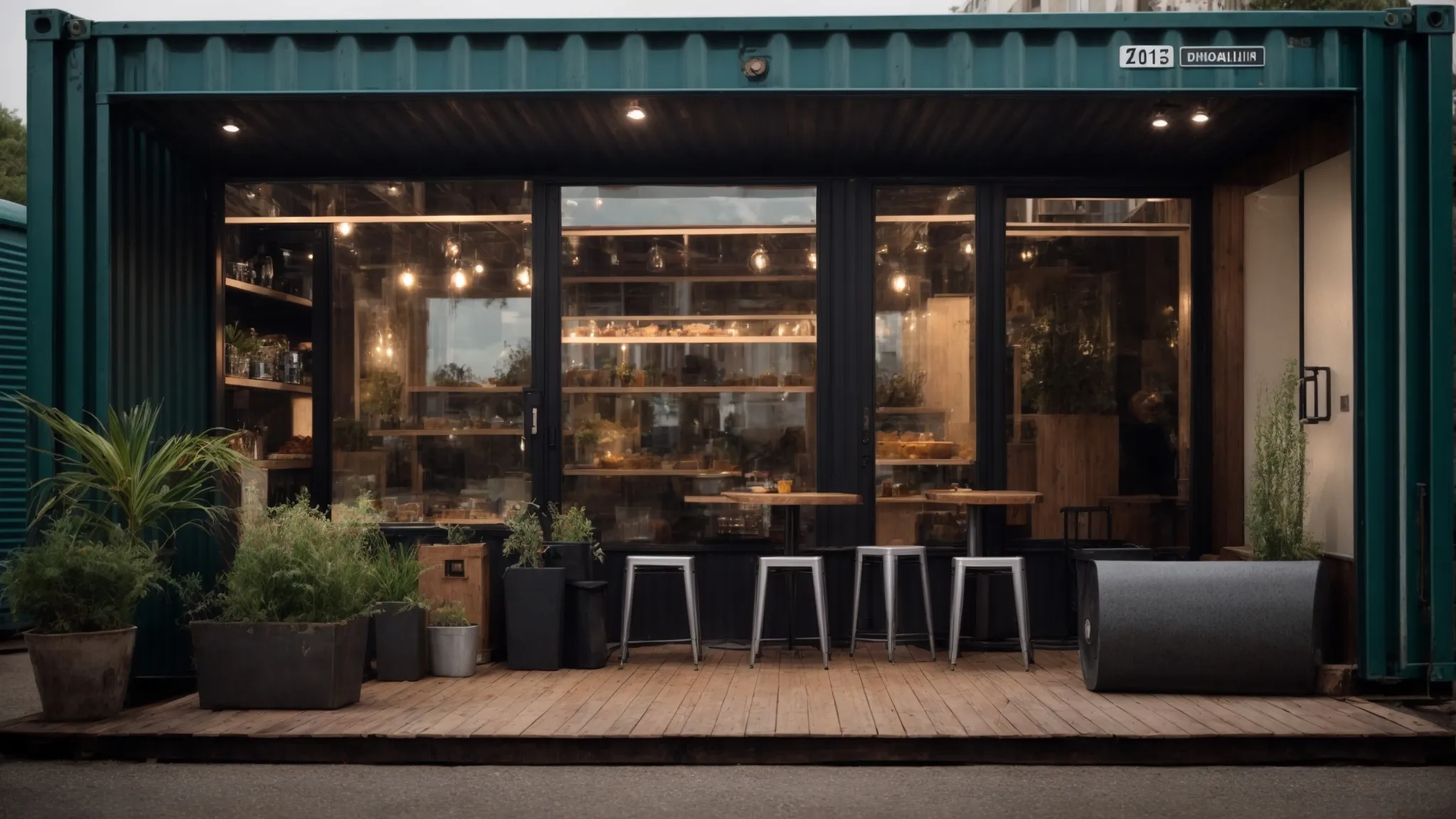 a row of trendy, repurposed shipping container shops with sleek exteriors, attracting a bustling crowd.