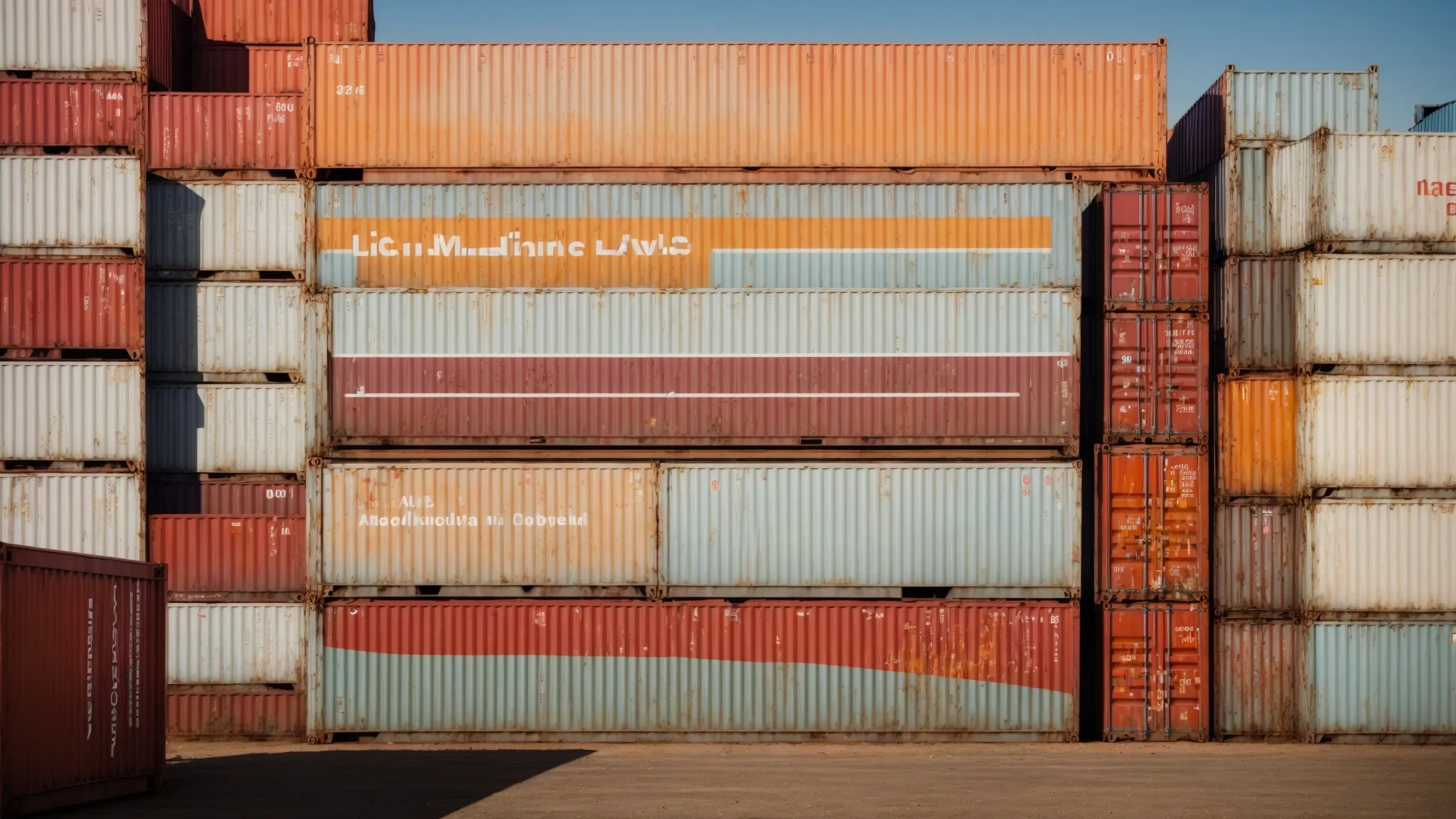 a stack of large metal shipping containers sits in a shipping yard under a clear sky.