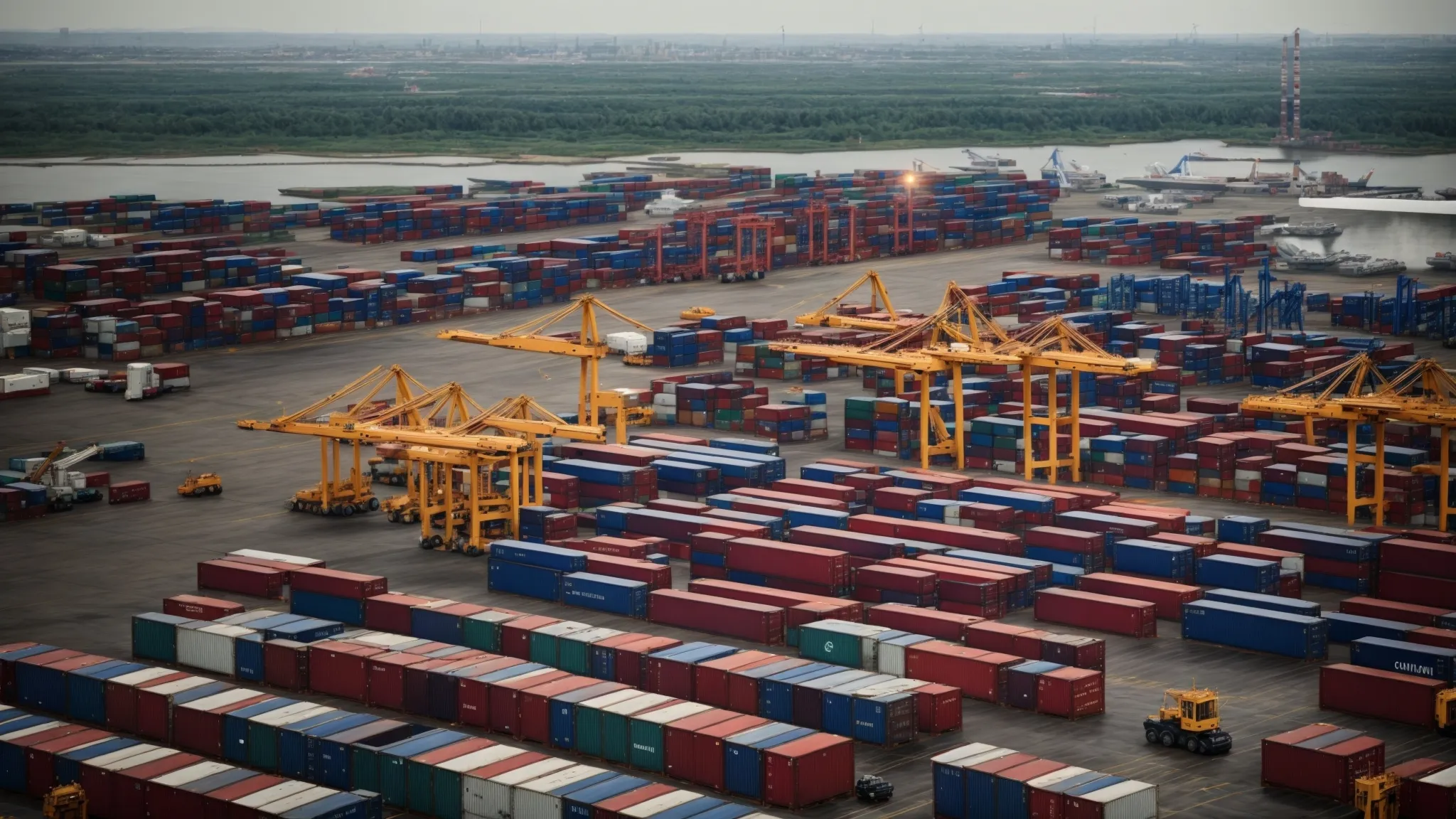 a bustling cargo terminal with a vast array of shipping containers, massive cranes, trucks, and a distant airplane preparing for takeoff.