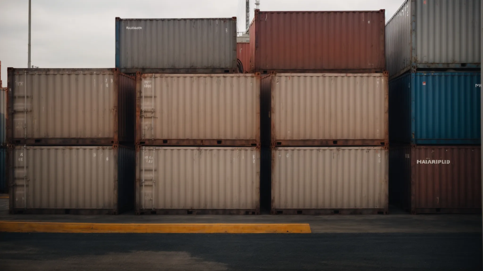 a row of large, refrigerated shipping containers in a cargo port, their steel doors sealed tight.