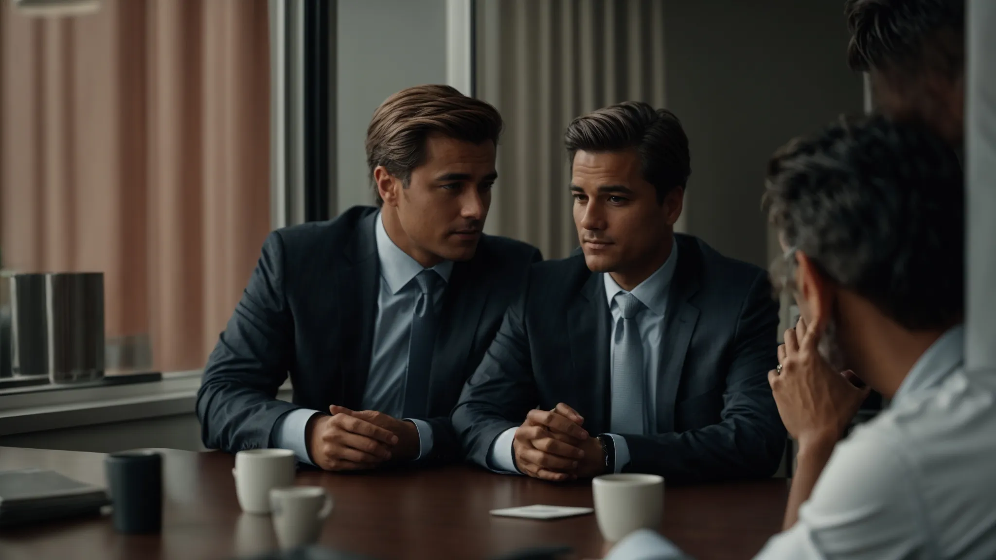 two business professionals sit across from each other at a negotiation table, with a shipping container visible through a nearby window.