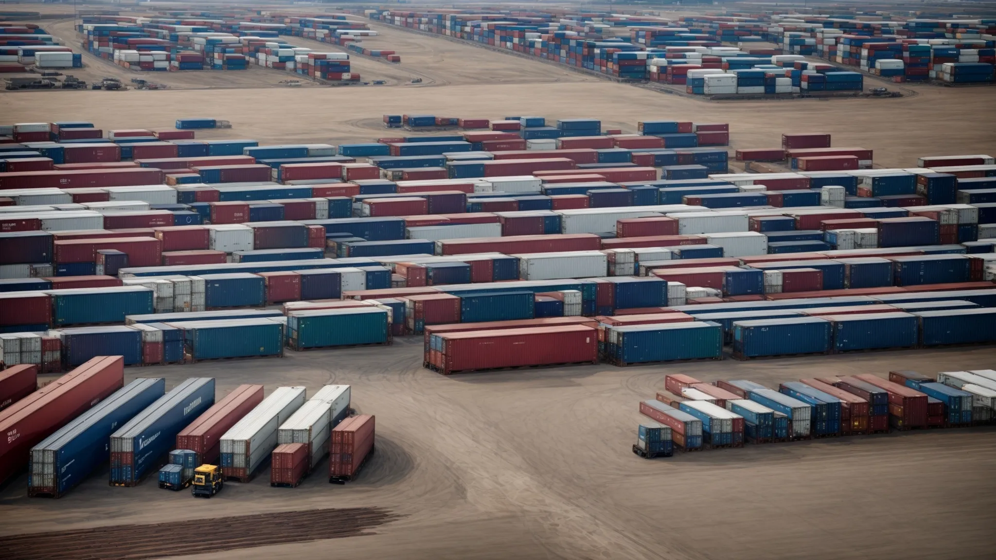 a wide, orderly view of a commercial shipping yard with rows of pristine containers stacked neatly under a clear sky.