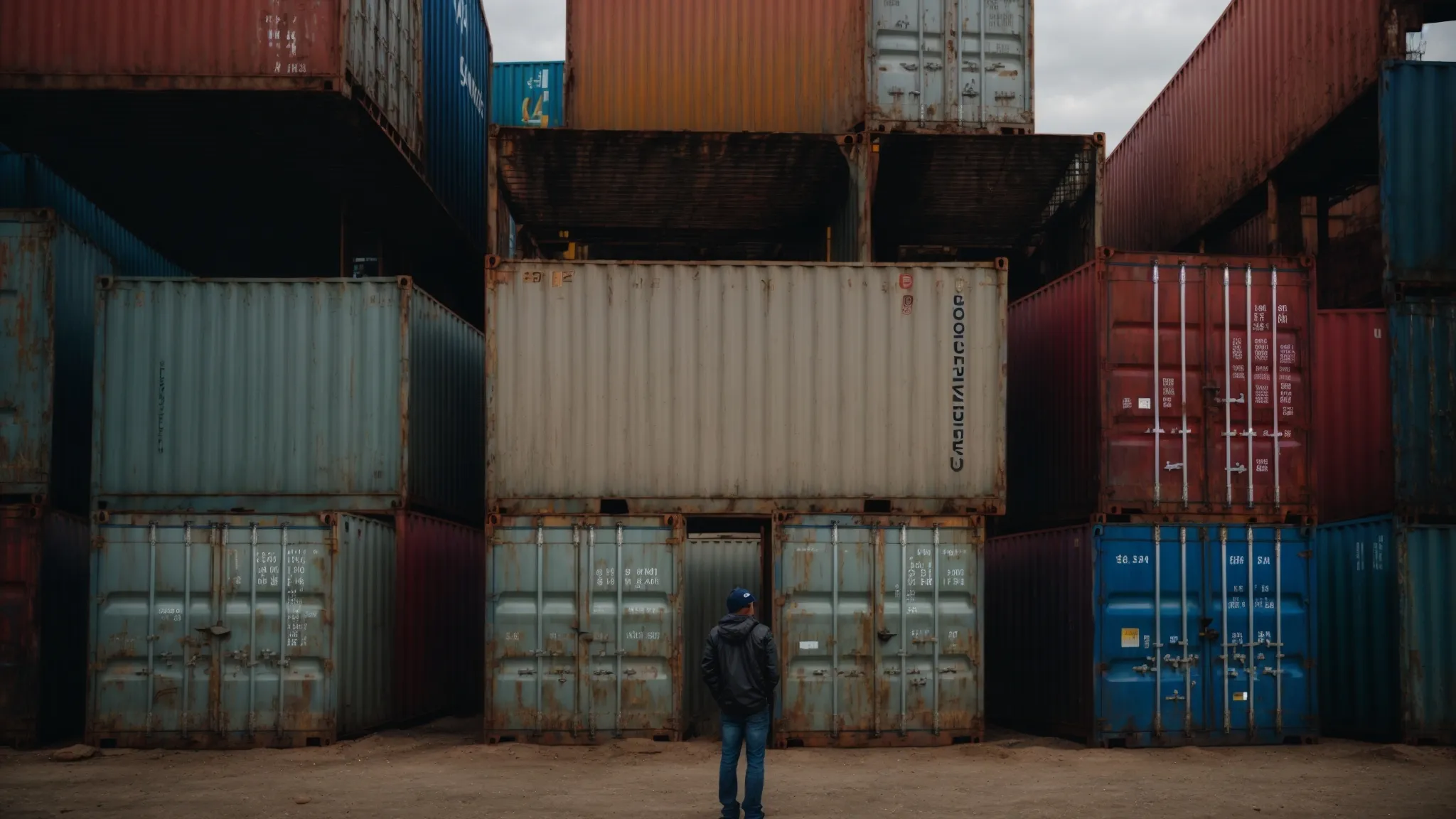 a person standing in front of rows of steel shipping containers, contemplating which one to choose.