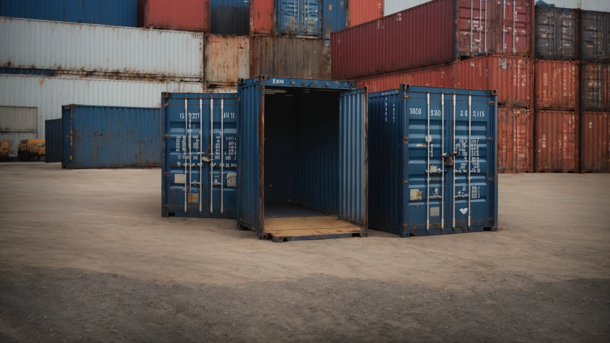 two shipping containers with open doors positioned opposite each other, enabling clear visibility through both sets of open double doors.