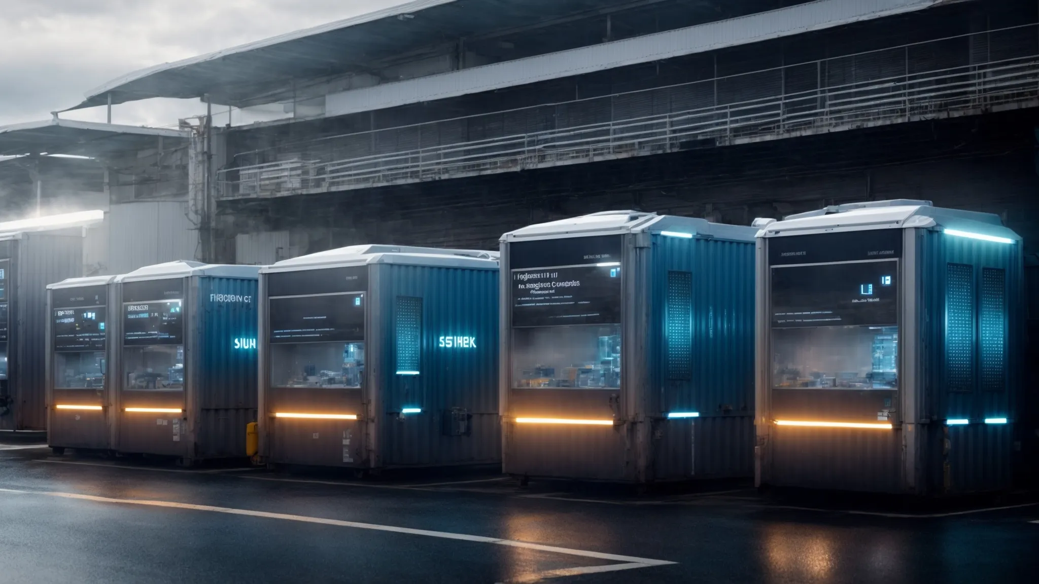 a gleaming row of high-tech refrigerated containers equipped with advanced monitoring systems, illustrating the future of efficient temperature-controlled transport.