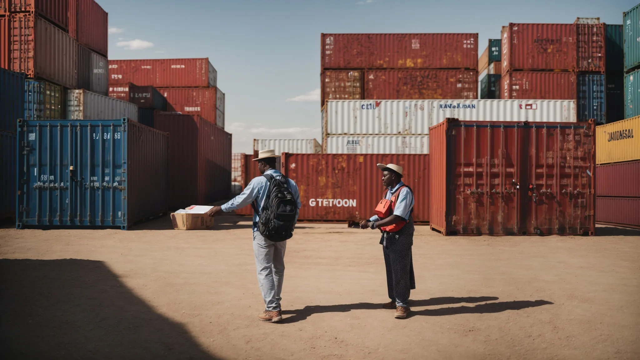 a person shaking hands with a vendor in front of a row of stacked shipping containers under a clear sky.