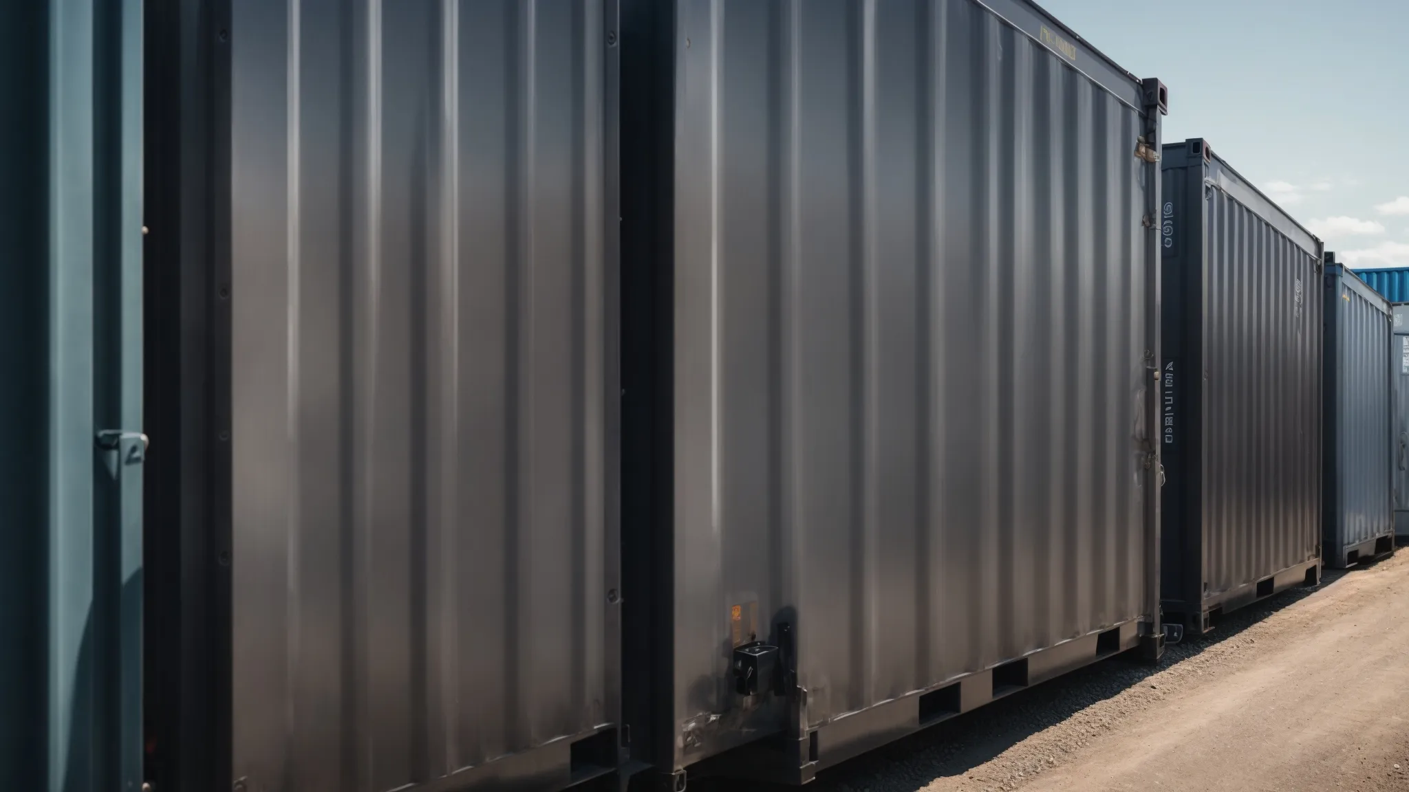 a row of steel shipping containers with robust locking systems in a freight yard, hinting at advanced security and potential climate control interiors.