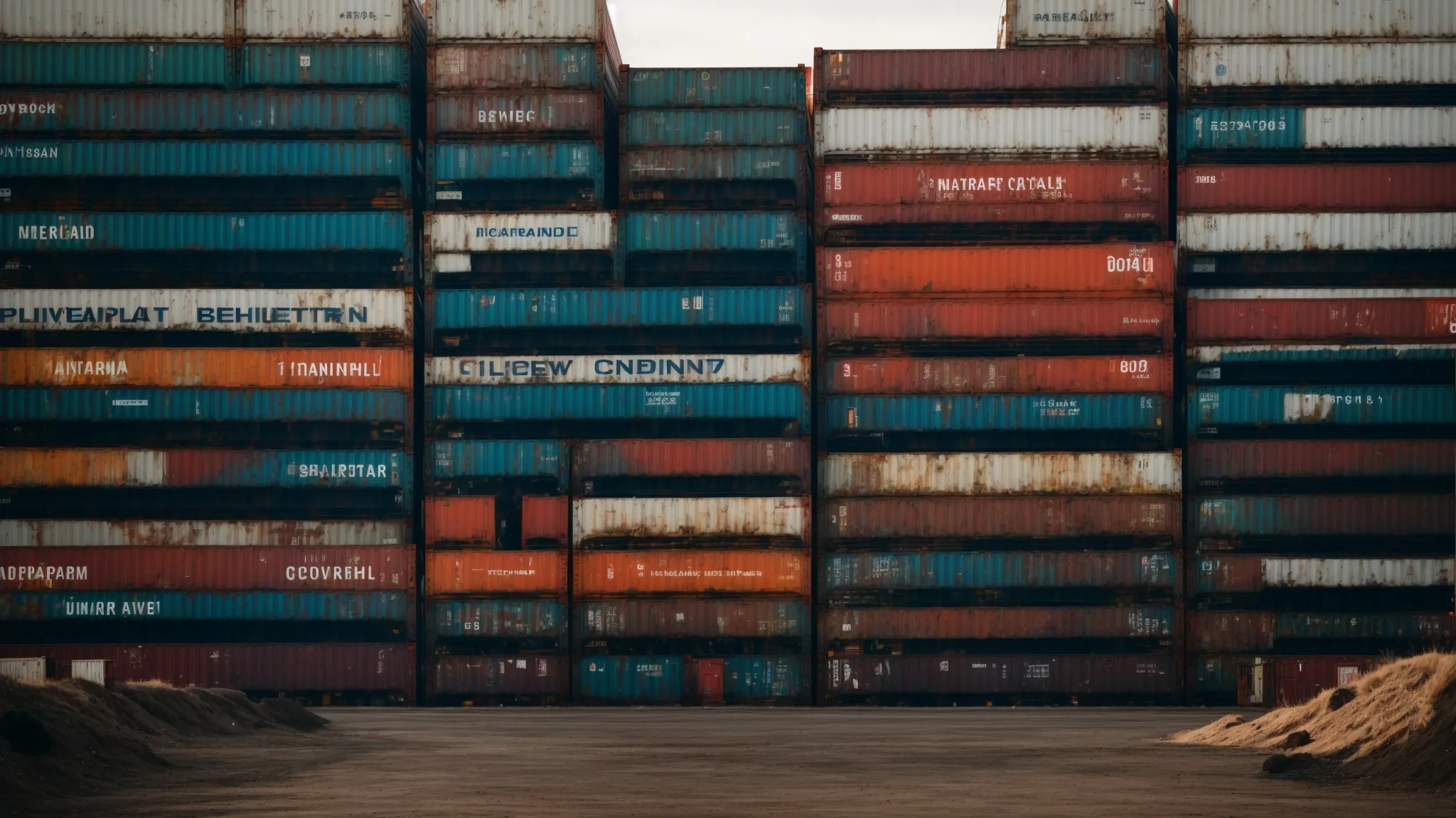 a wide view of stacked, weathered shipping containers in a spacious cargo yard.