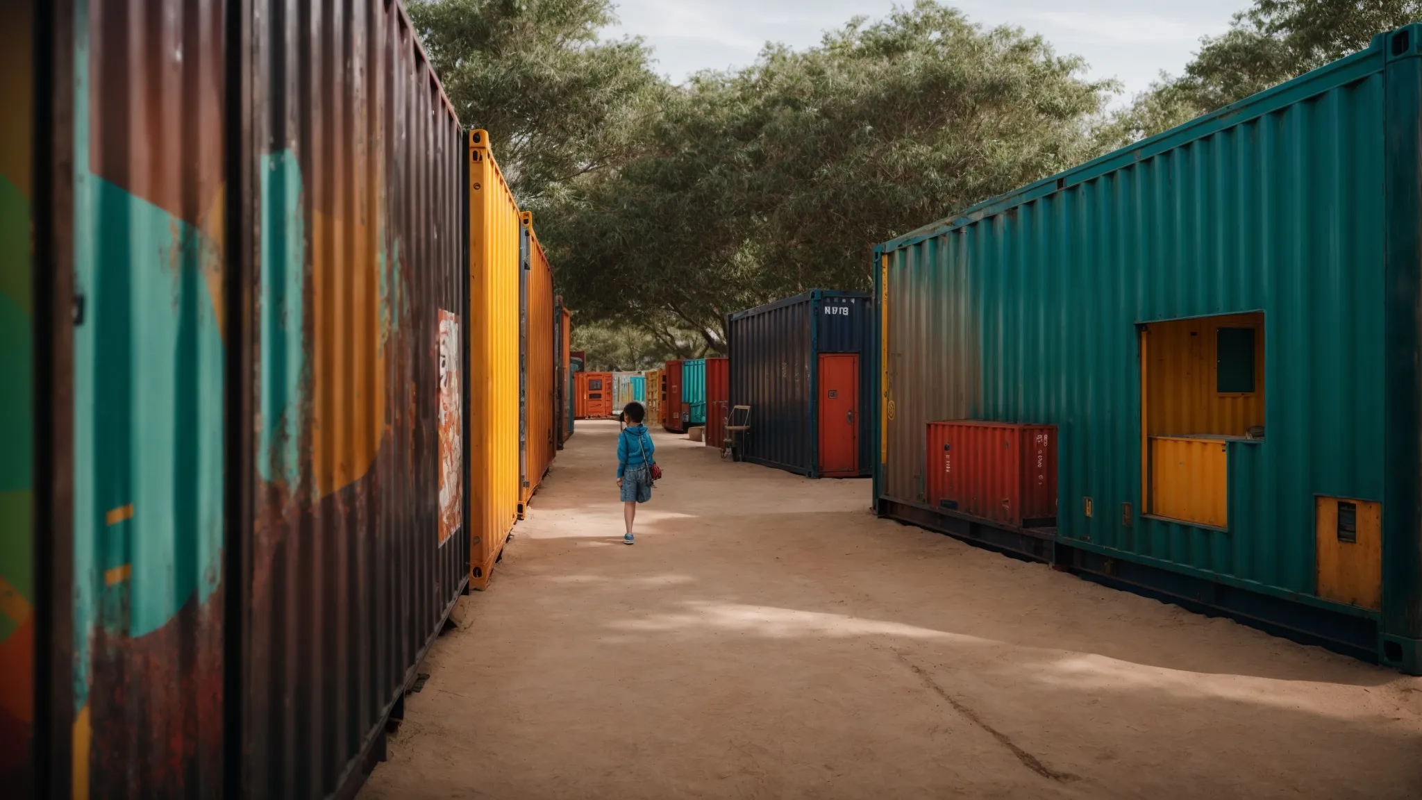 a row of colorful shipping containers repurposed as community classrooms and playgrounds buzzes with activity and learning.