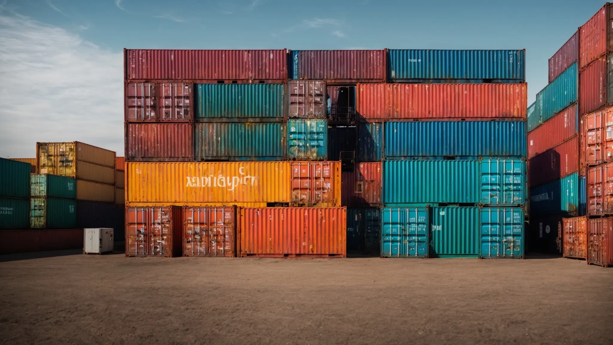 a wide array of colorful stacked shipping containers sits organized and ready for sale in an expansive outdoor marketplace.