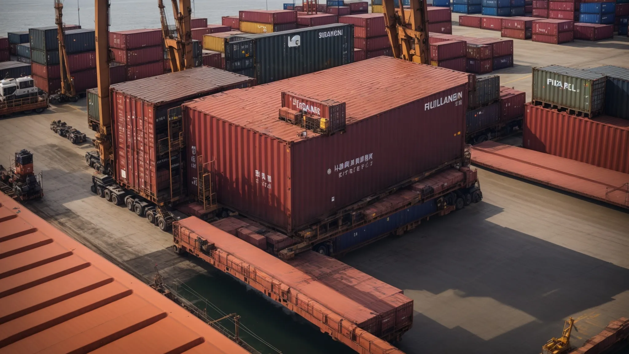 a crane lowers bulky cargo into an open-top shipping container at a bustling industrial port.