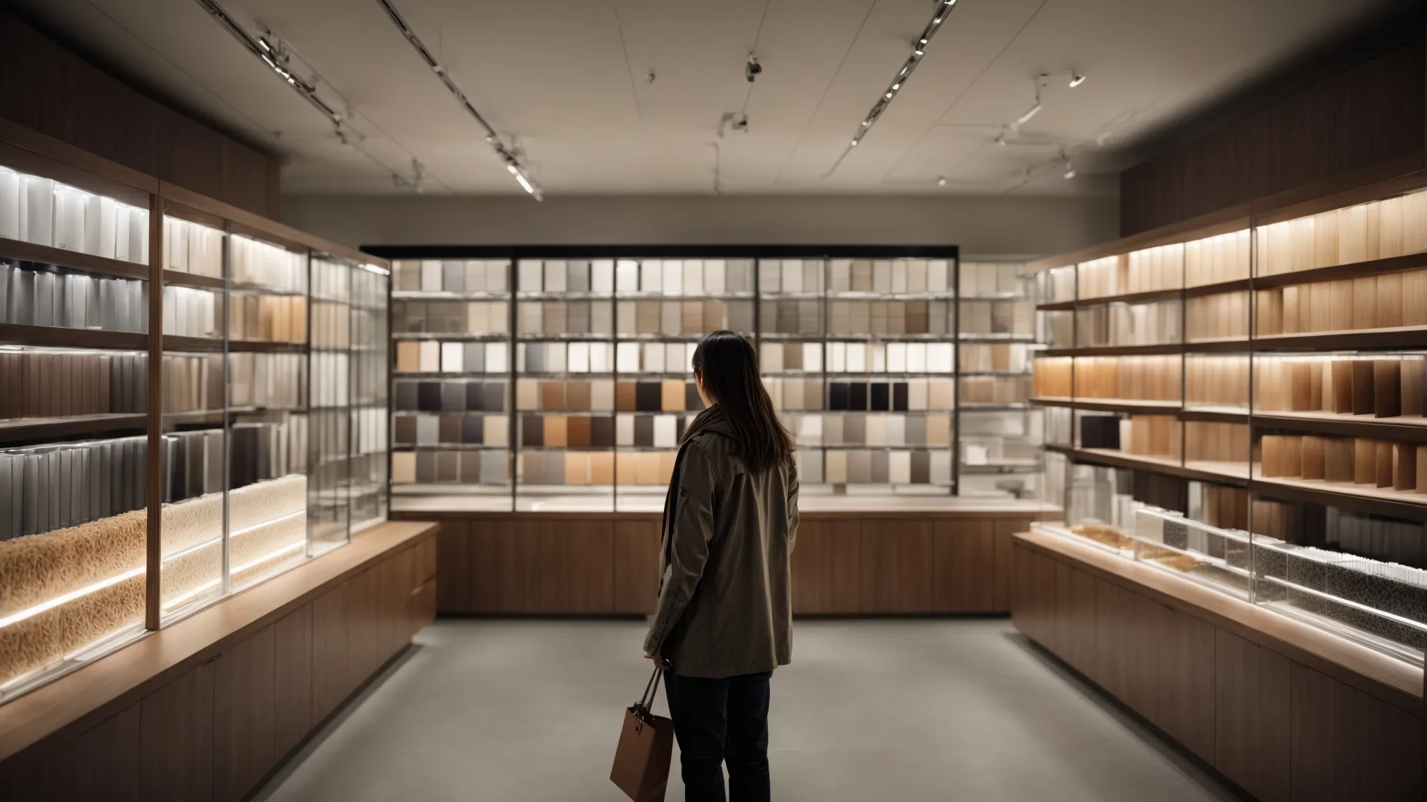 a person contemplates samples of sleek, modern fixtures and various finish swatches in an unfinished container space bathed in natural light.