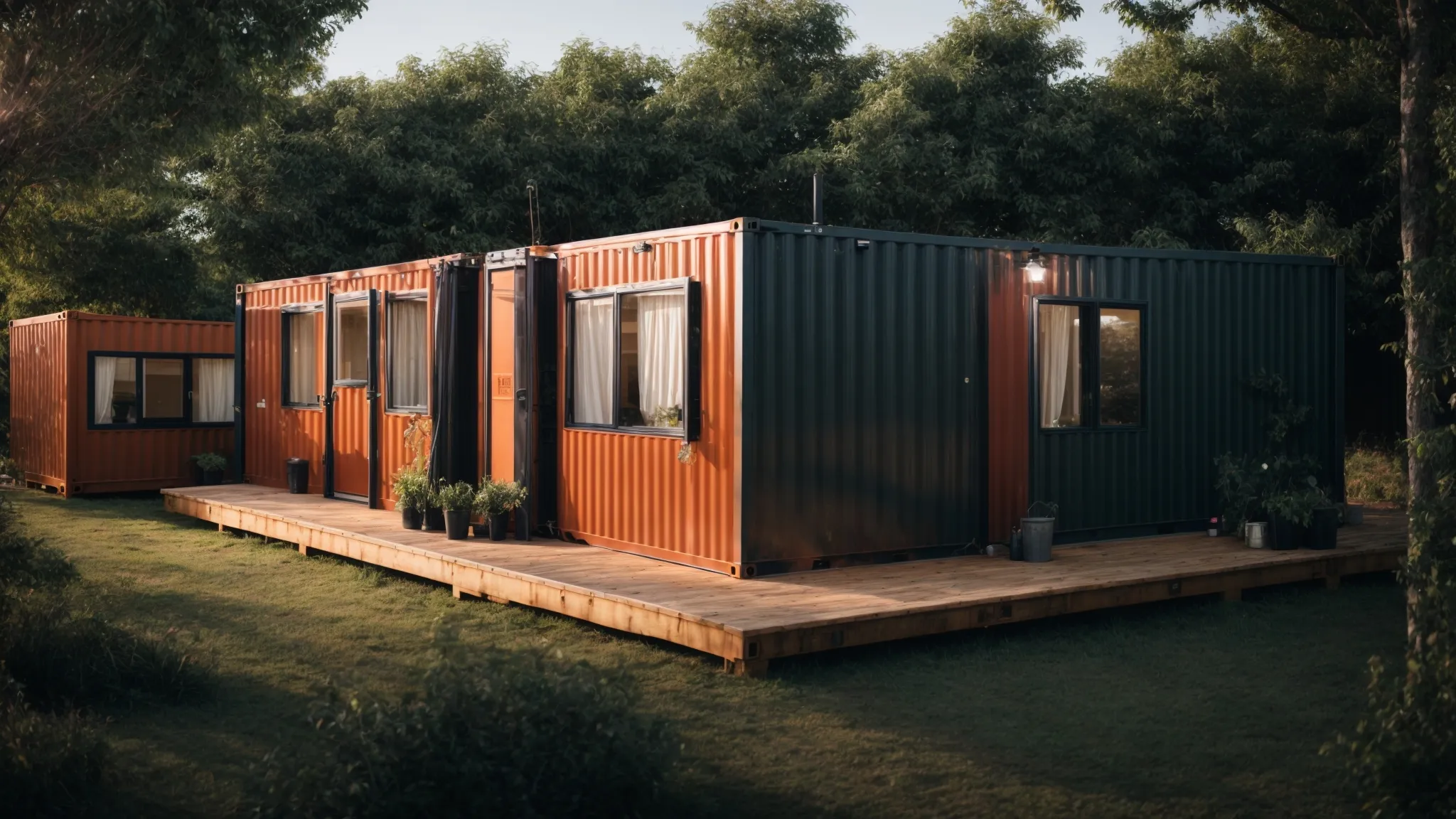 a line of converted shipping container homes neatly arranged in a temporary village setup, blending with the local environment.