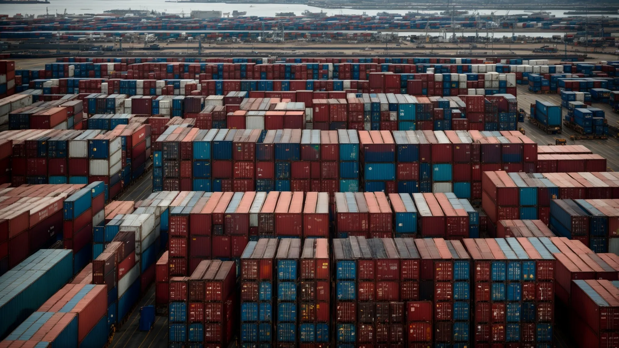 a vast shipyard filled with stacks of shipping containers ready for transport.