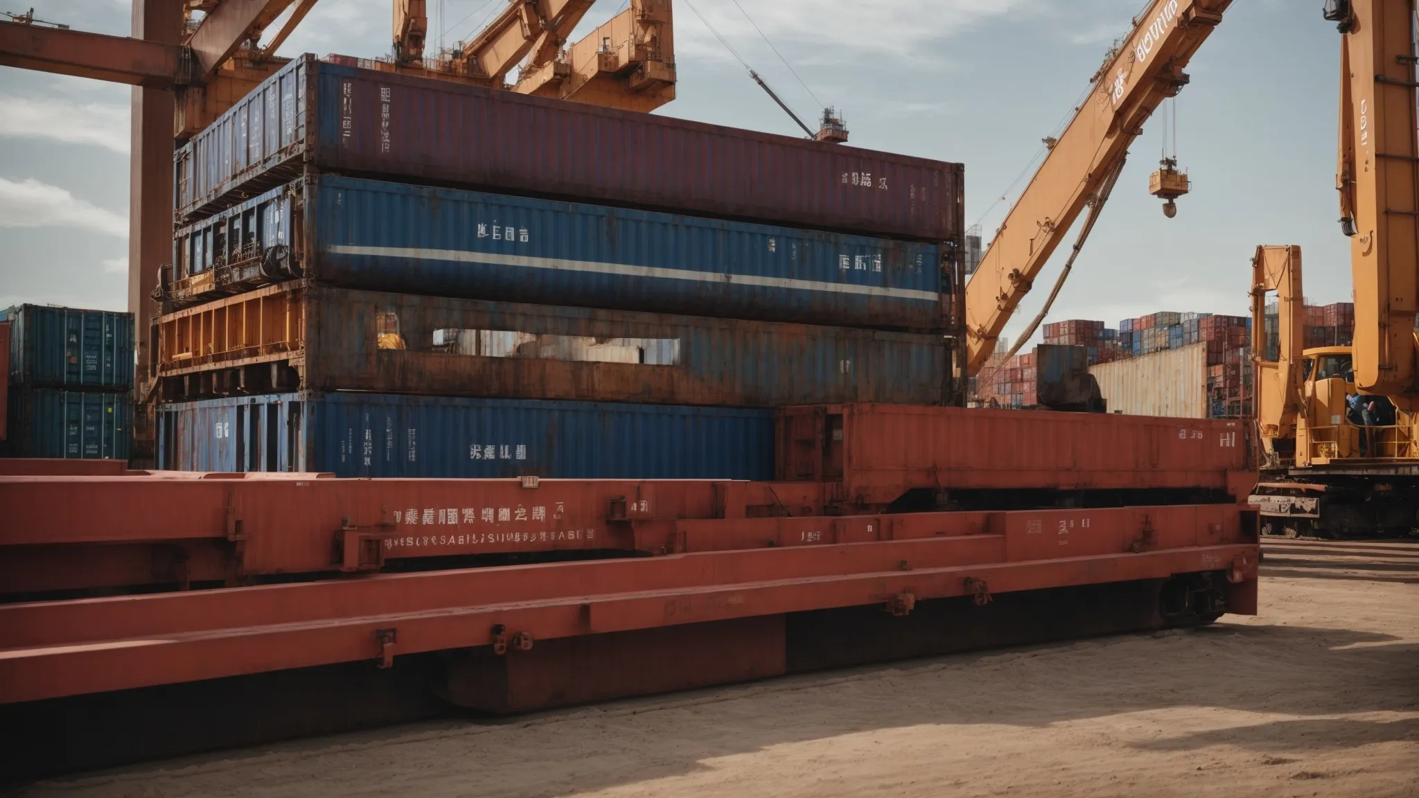 a flat rack container secures a large piece of construction machinery for transport on a cargo ship.