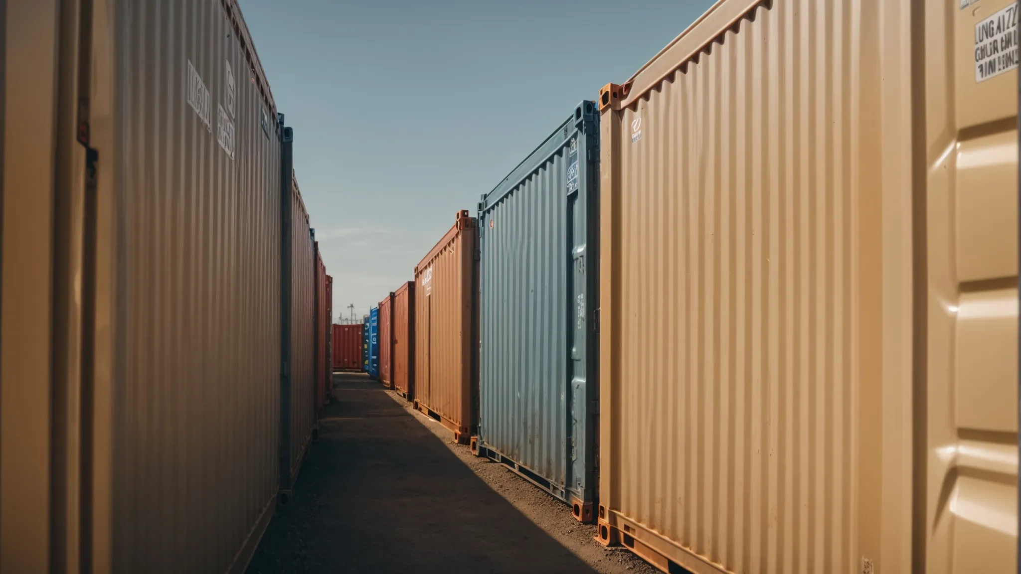 a row of large refrigerated shipping containers sits ready for transport under a clear sky.