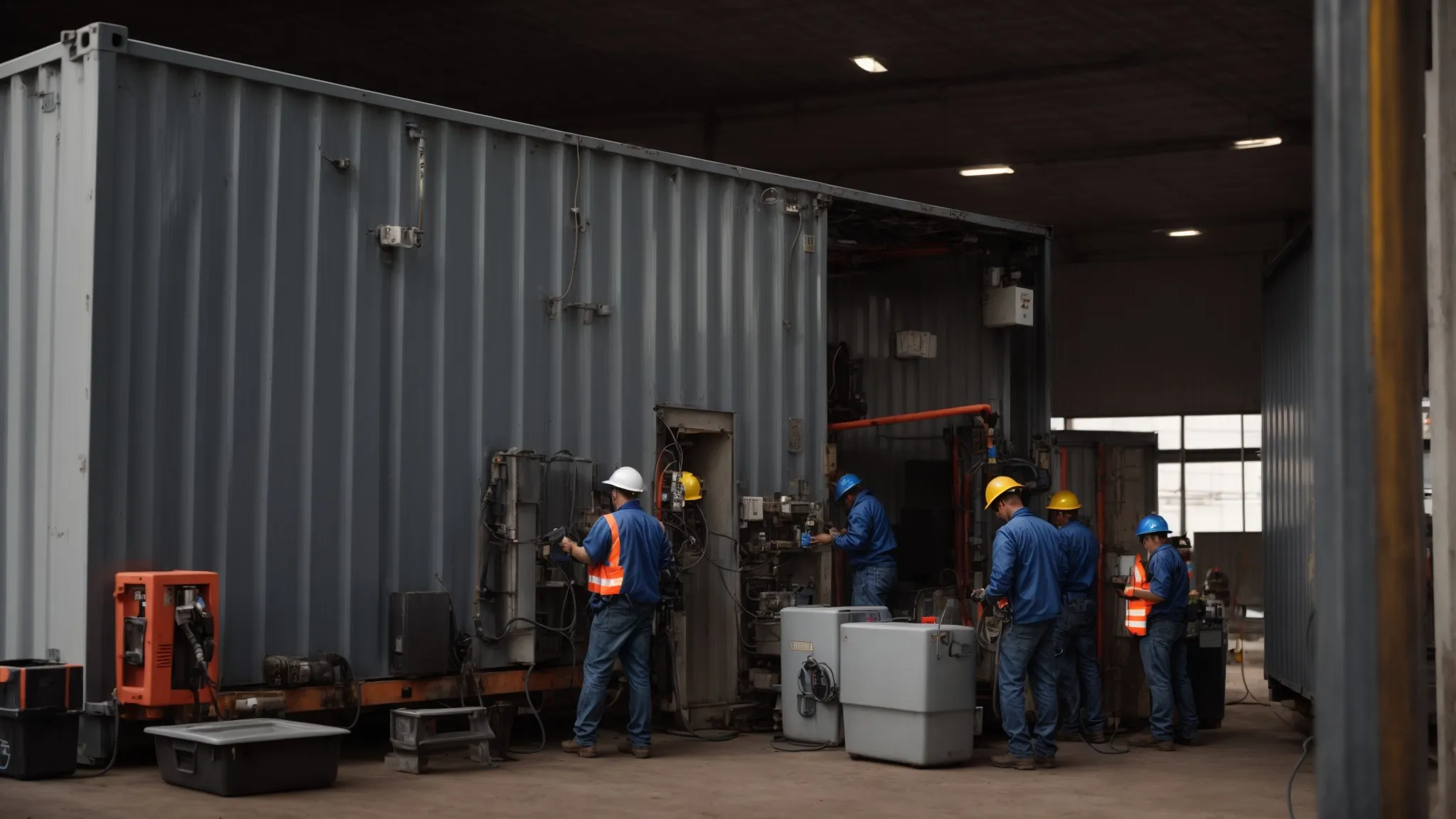 electricians and plumbers work side by side installing systems within an open and spacious shipping container.