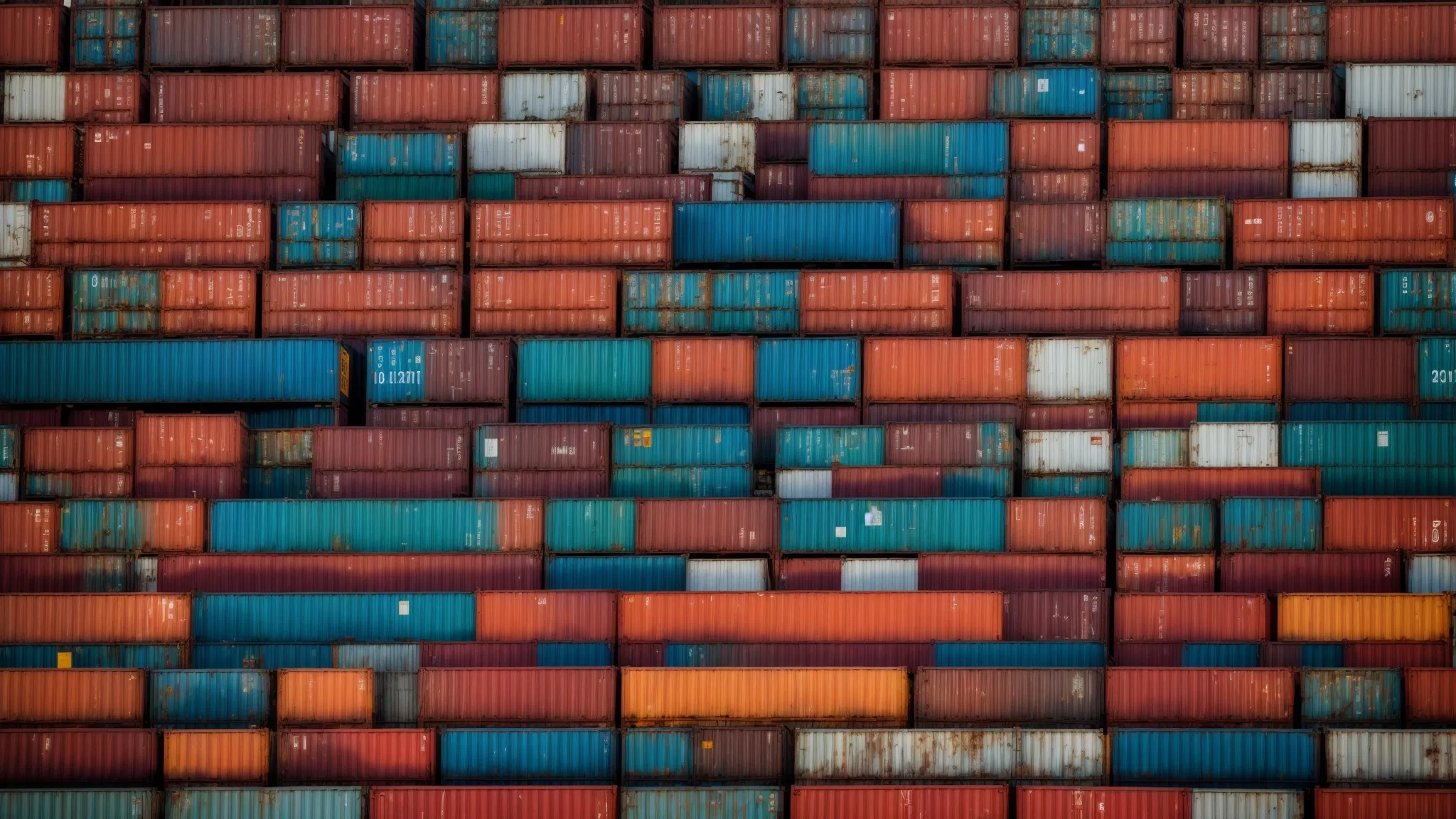 rows of different colored steel shipping containers stacked neatly in a spacious freight yard under a clear sky.