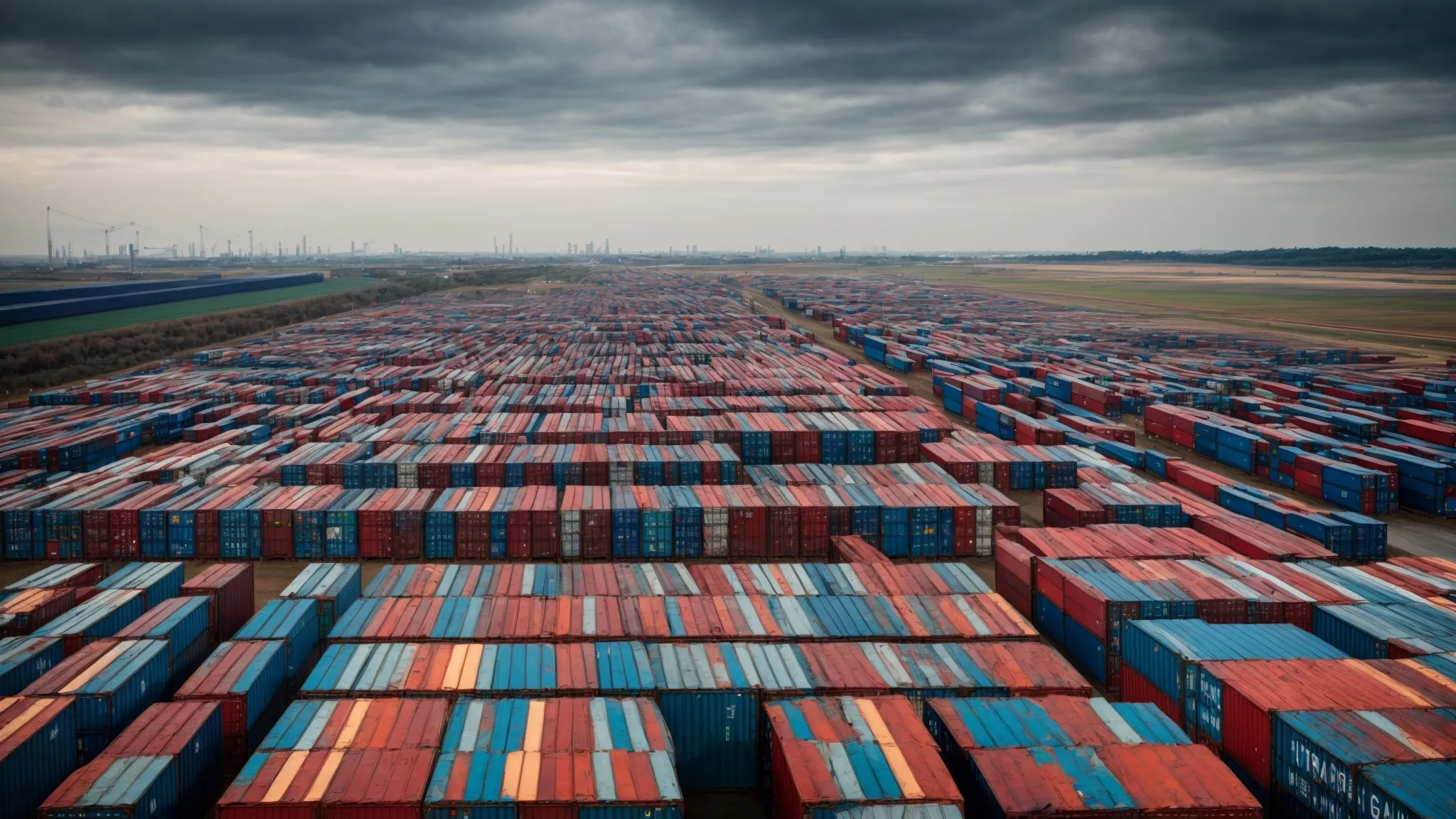 a vast shipping container depot with rows of colorful steel boxes under a vast open sky.