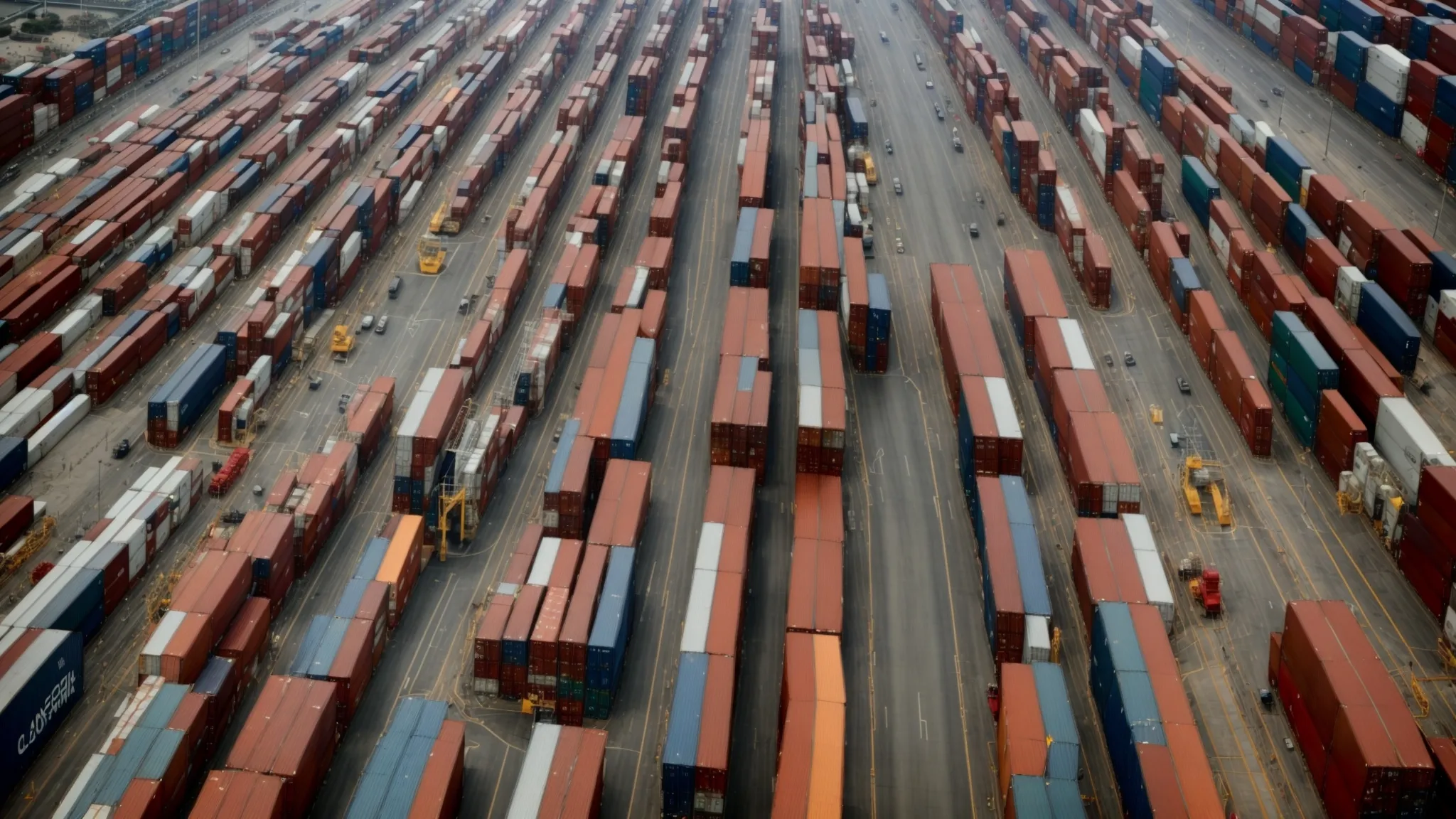 a wide view of an orderly stack of shipping containers at a port during the daytime.