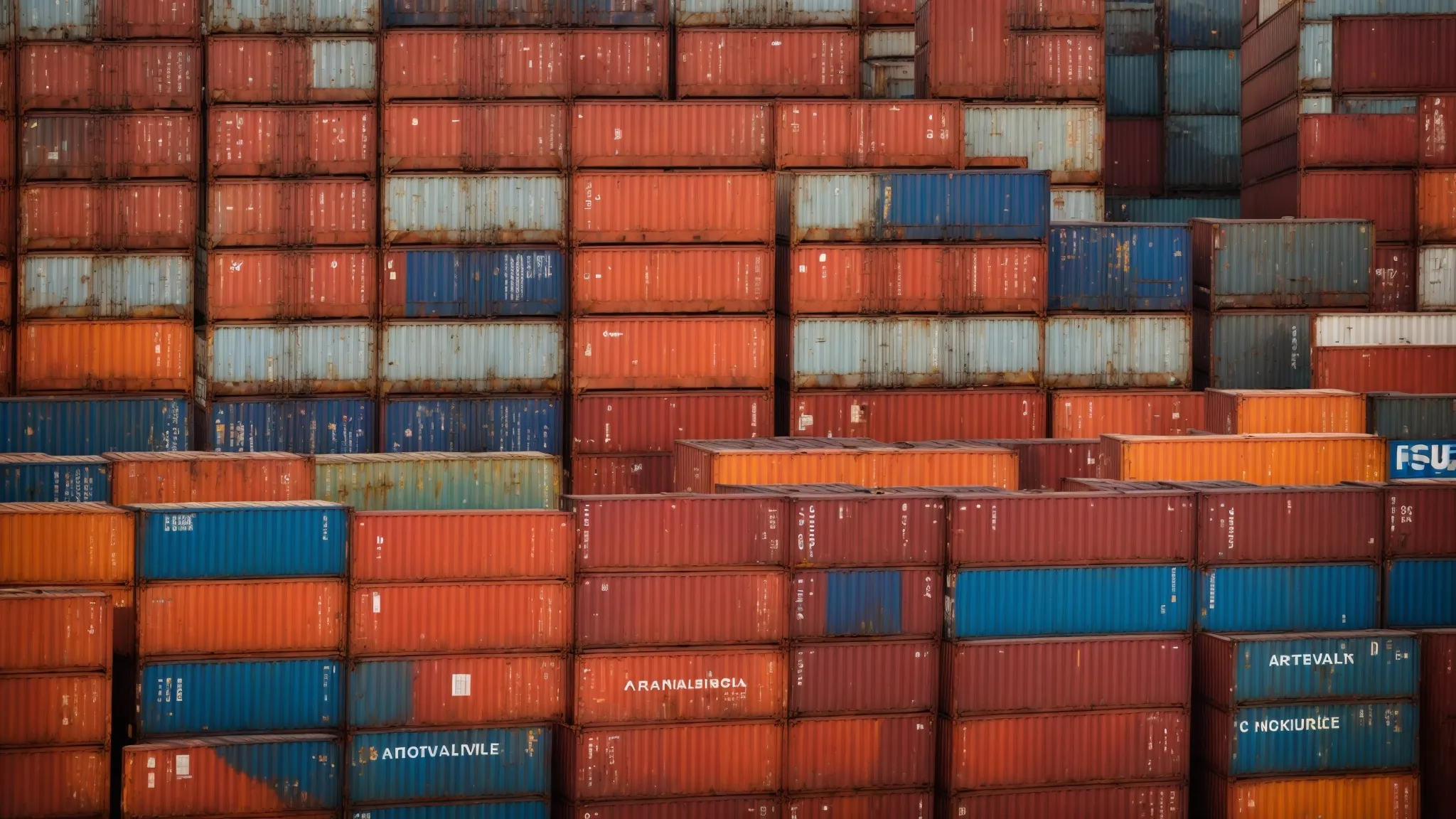 a towering stack of multicolored shipping containers at a bustling port under the clear sky.