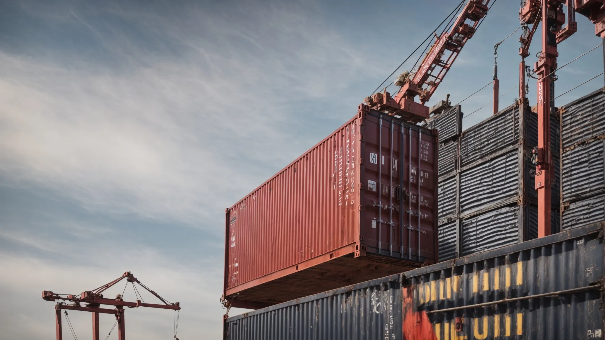 a pre-owned shipping container being gently lowered onto a meticulously prepared site by a towering crane against a clear sky.