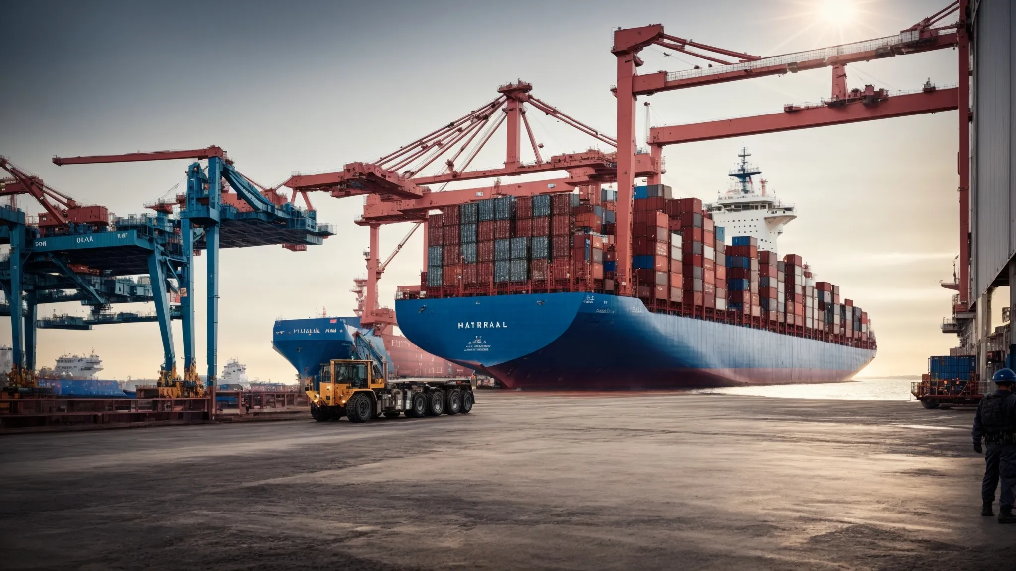 a cargo ship unloads insulated containers into a bustling seaport under a clear sky.