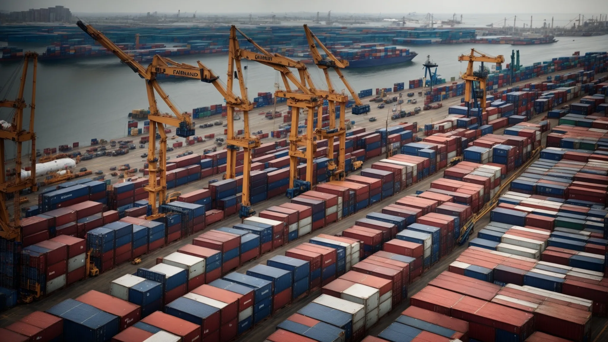 a bustling commercial shipping yard filled with various-sized refrigerated containers amid cranes and trucks.