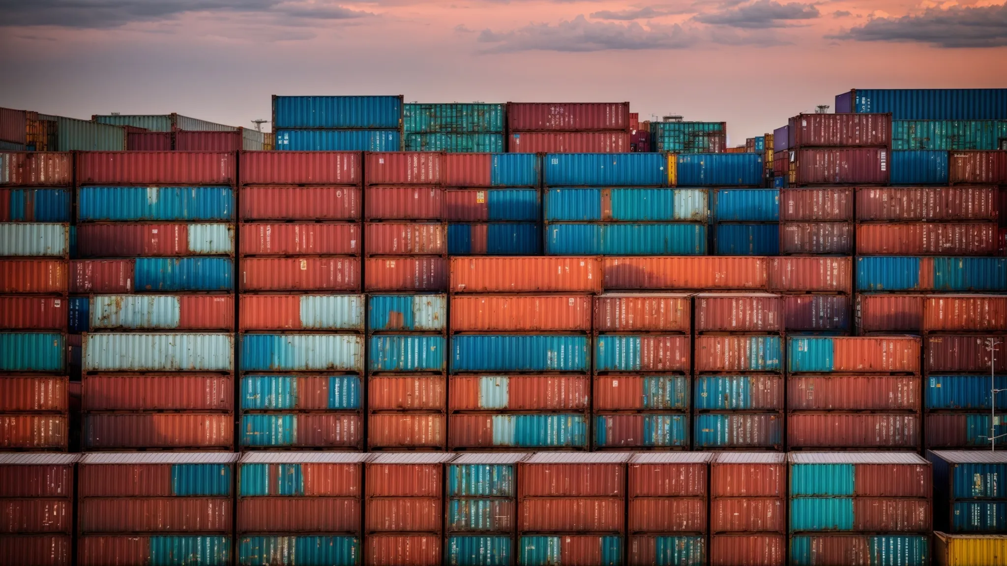 a wide-angle view of stacked colorful shipping containers in a commercial port under a clear sky.