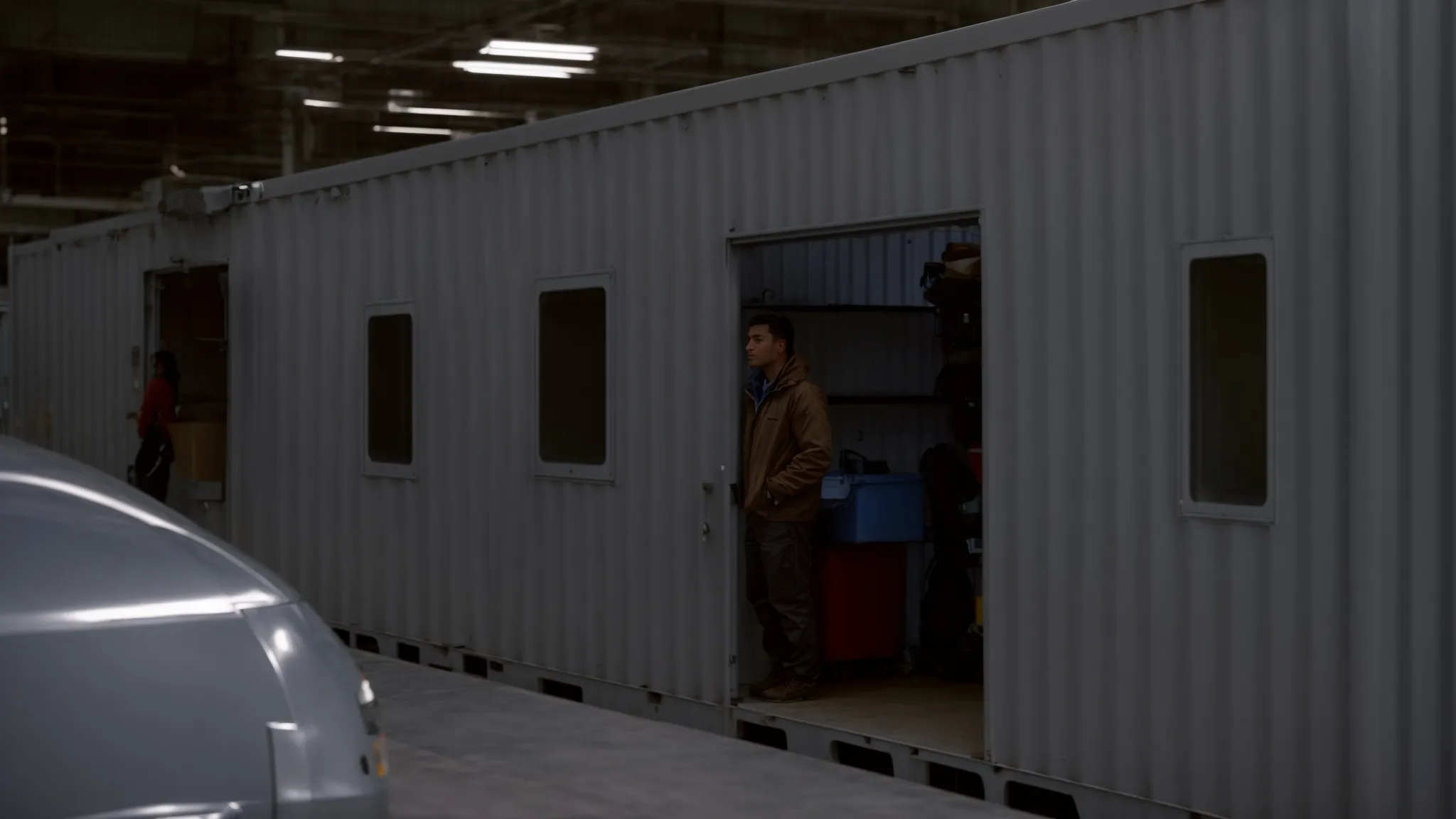 a person inspecting the interior of a large, clean refrigerated shipping container.
