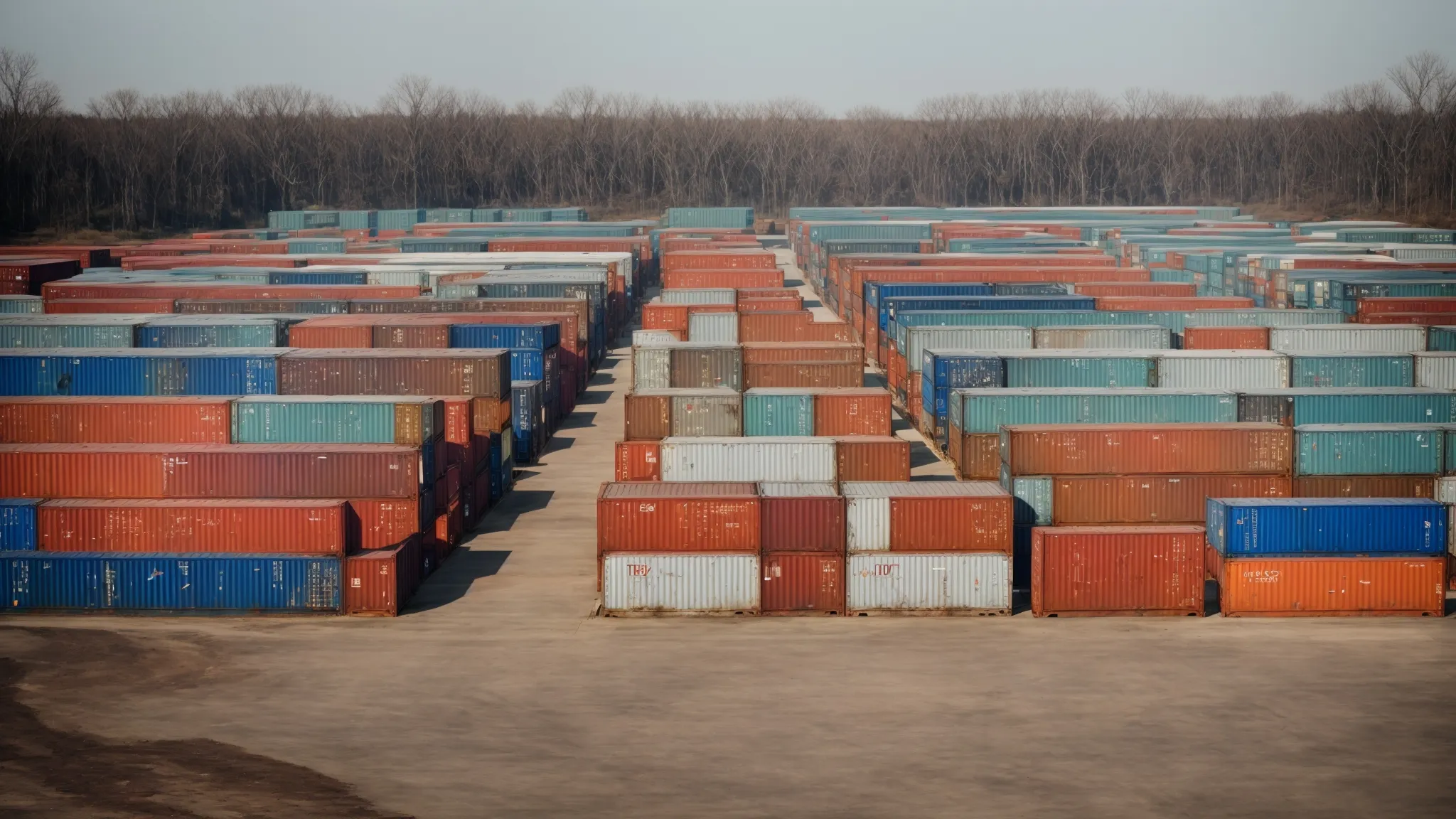 a diverse lineup of empty shipping containers neatly arranged in an open storage yard under a clear sky.