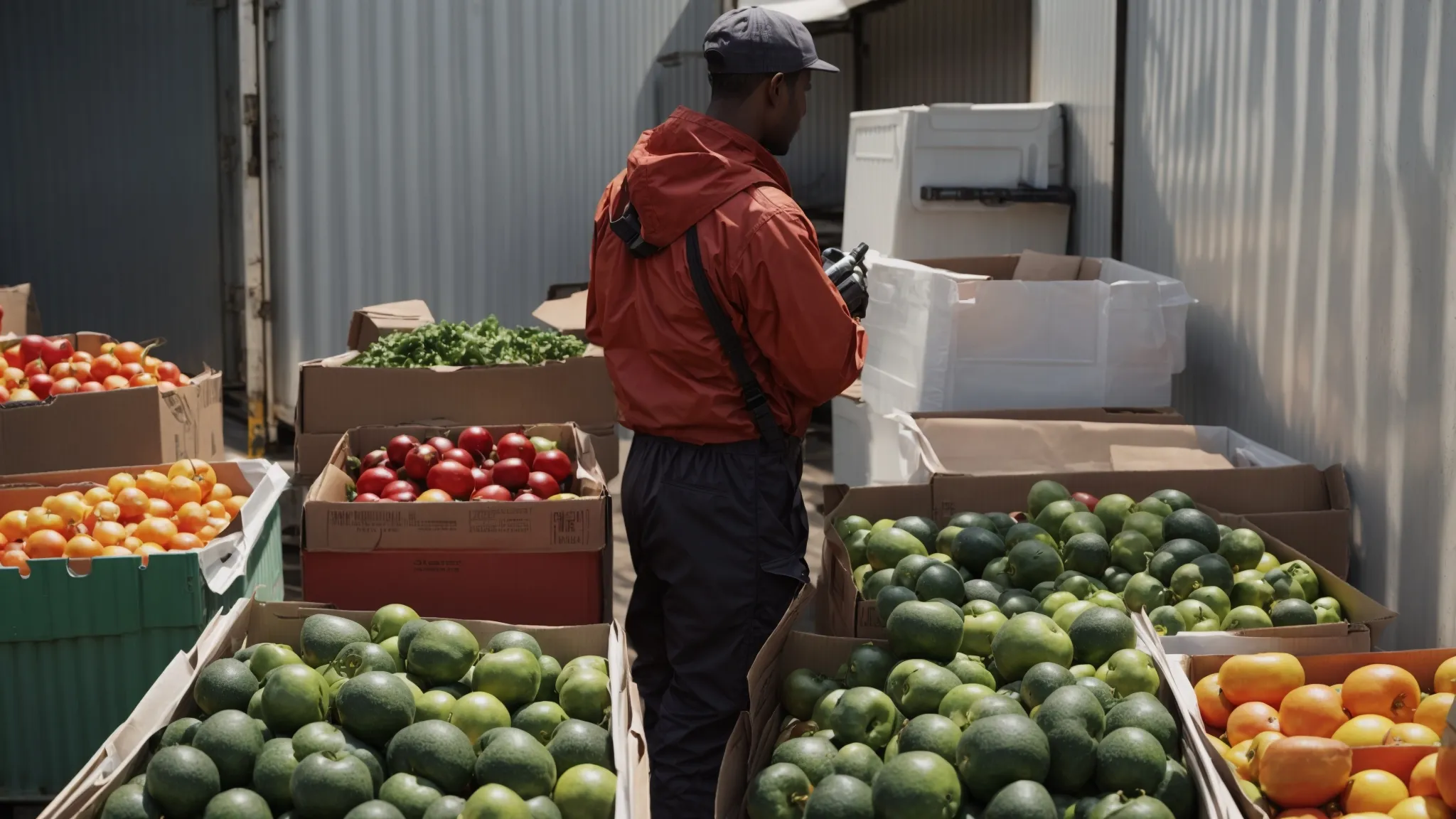 a worker inspects a refrigerated shipping container filled with boxes of produce.