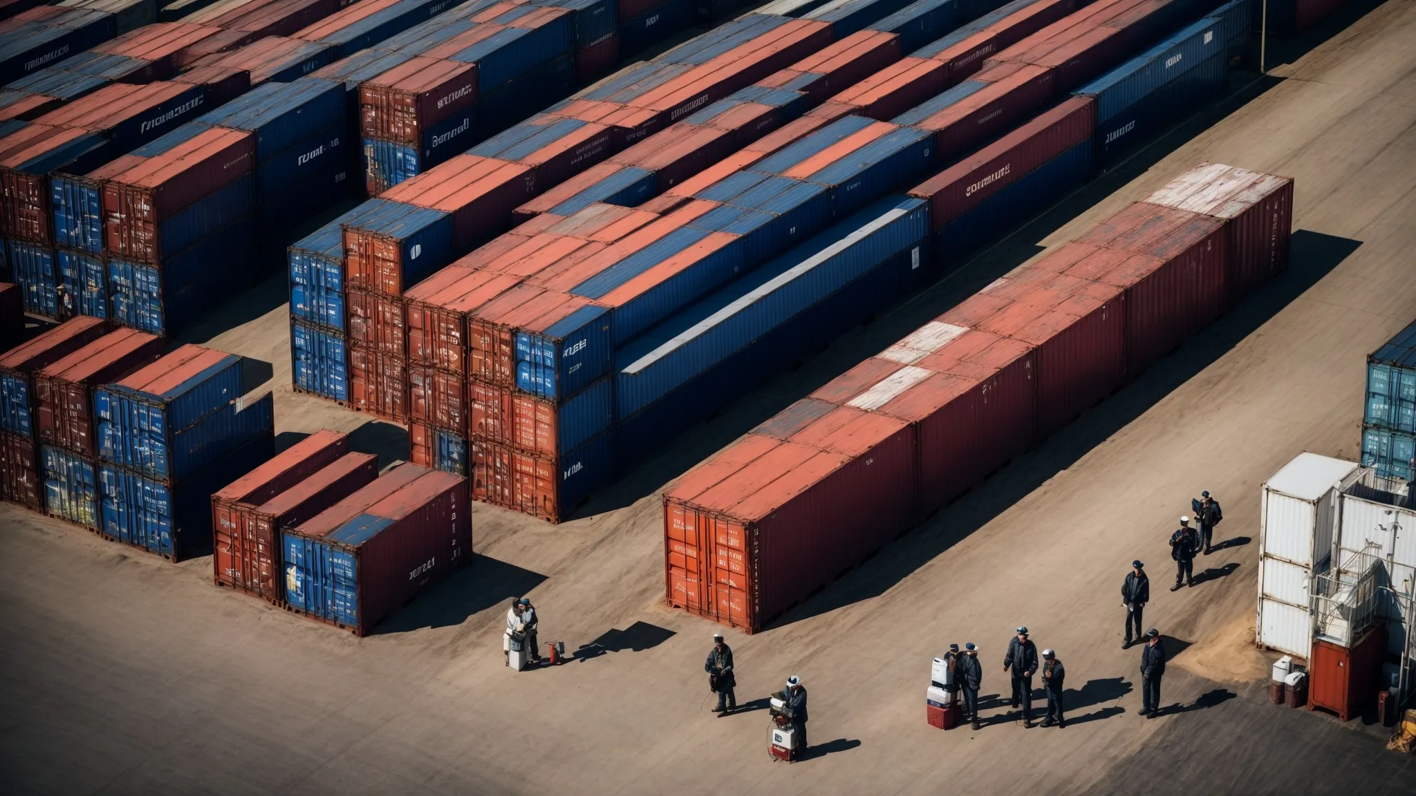 a row of pristine steel shipping containers, with potential buyers inspecting and discussing with a vendor at a large industrial yard.