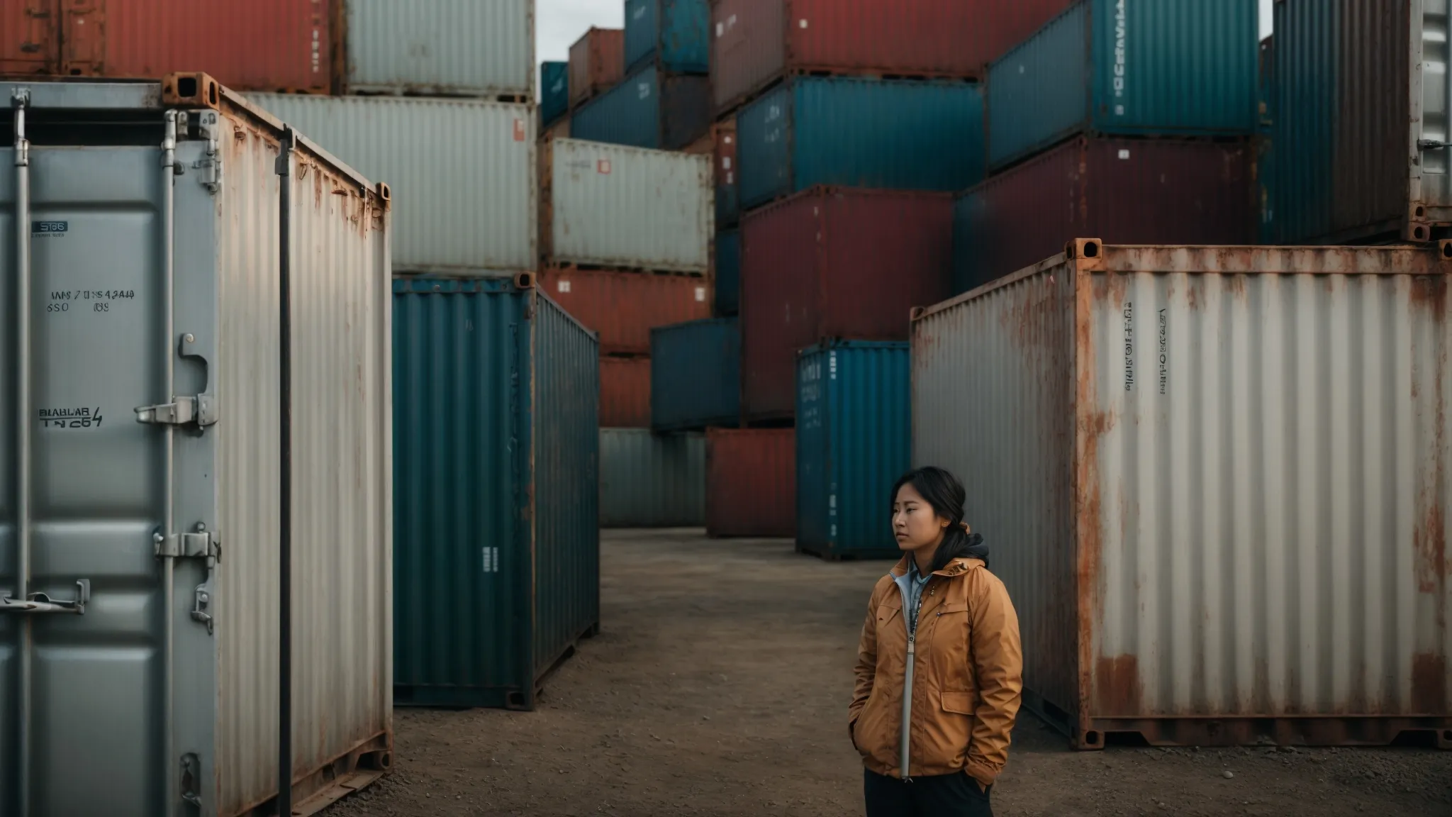 a person stands between different-sized steel shipping containers in an open storage yard, visually comparing them.