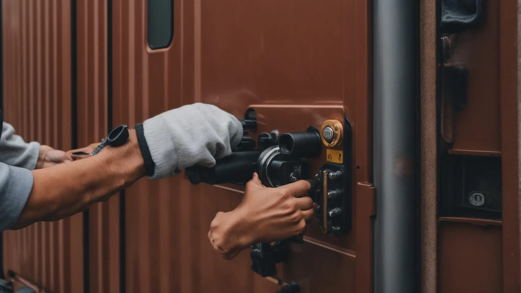 a professional installing a high-tech lock system on a robust shipping container.