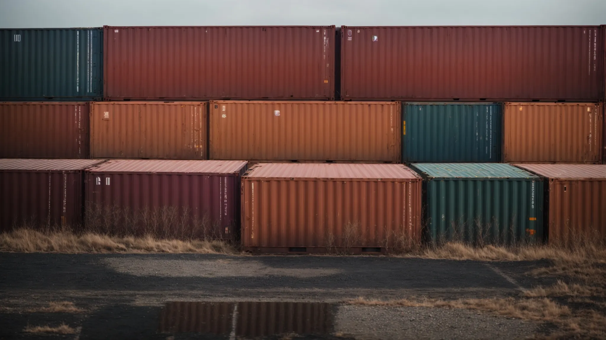 a row of variously sized insulated shipping containers in a logistics yard, some new and some used, awaiting customization and delivery.