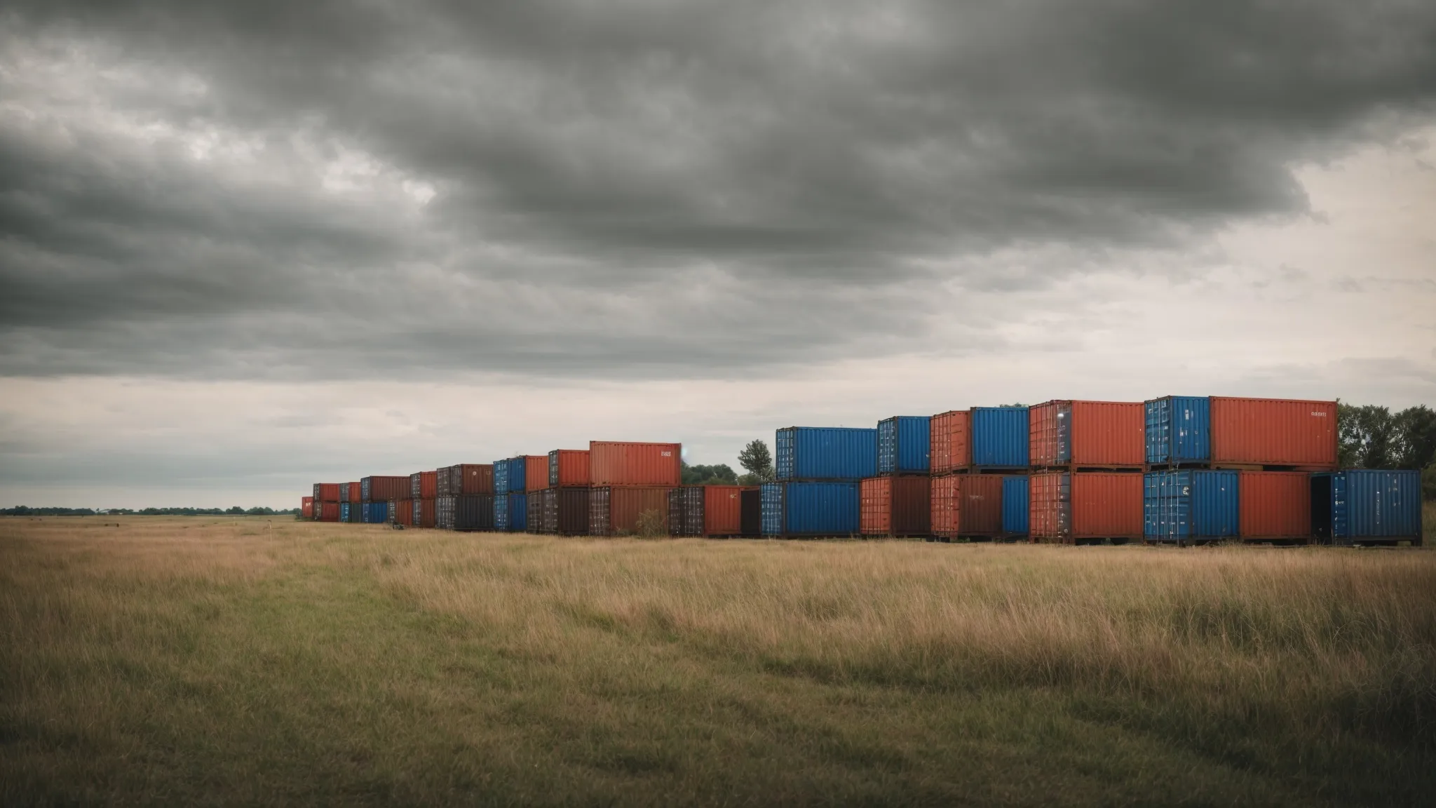 a row of neatly aligned shipping container homes stands ready in a vacant field, signaling a transformative approach to emergency housing.