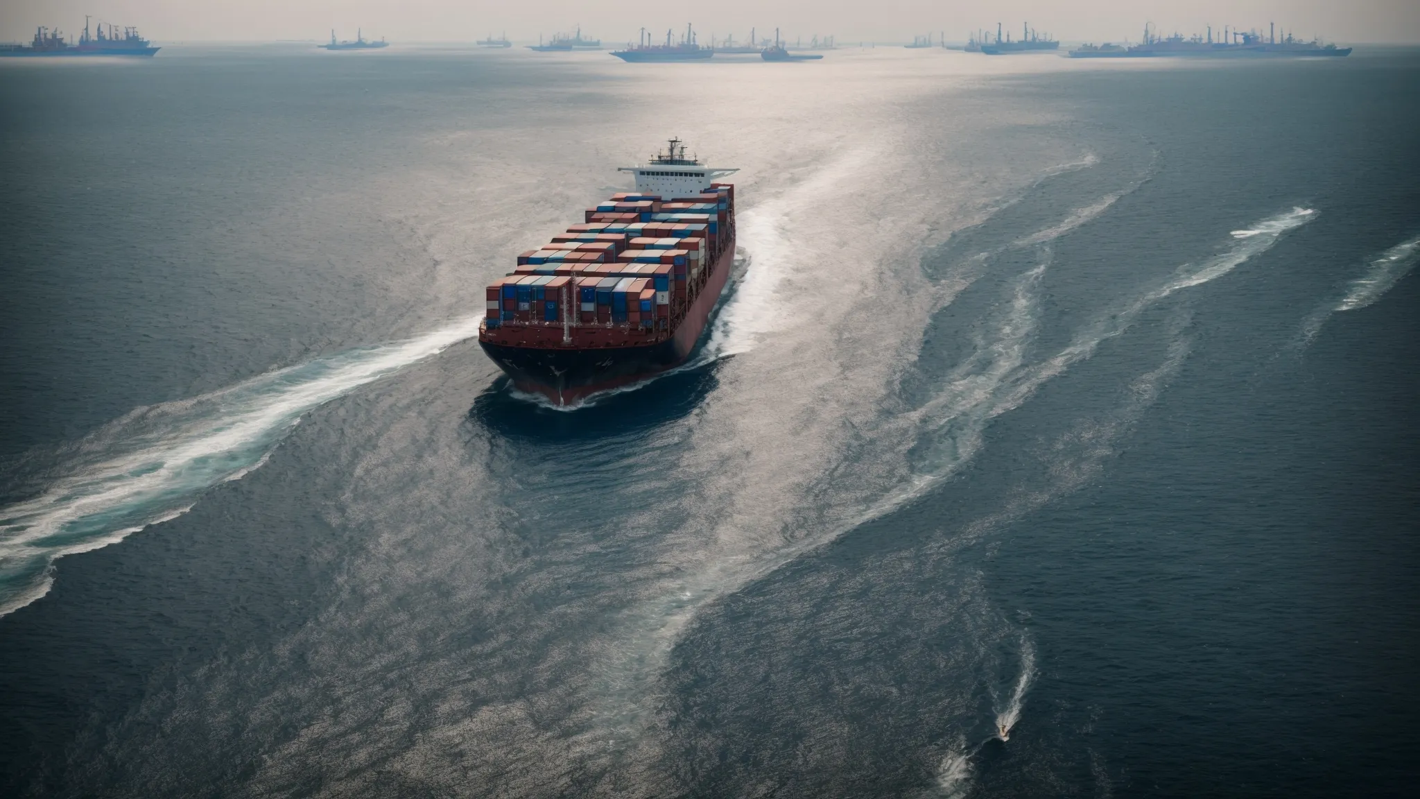 a cargo ship loaded with a multitude of shipping containers navigates the open sea toward a bustling industrial port.